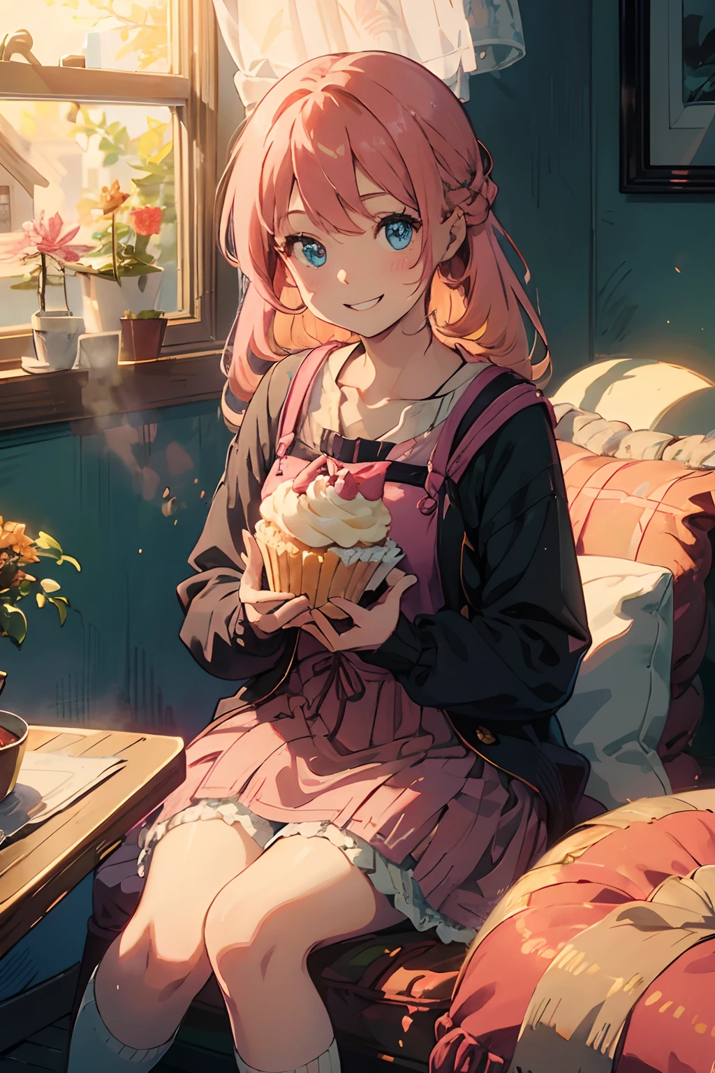 A young girl with long orange-pink hair and blue eyes holding a cupcake. It's autumn. She is sitting next to the window with the morning light shining in. She is wearing black. She is very happy and smiling excitedly at the camera. She celebrating a large milestone. The camera is close to her.