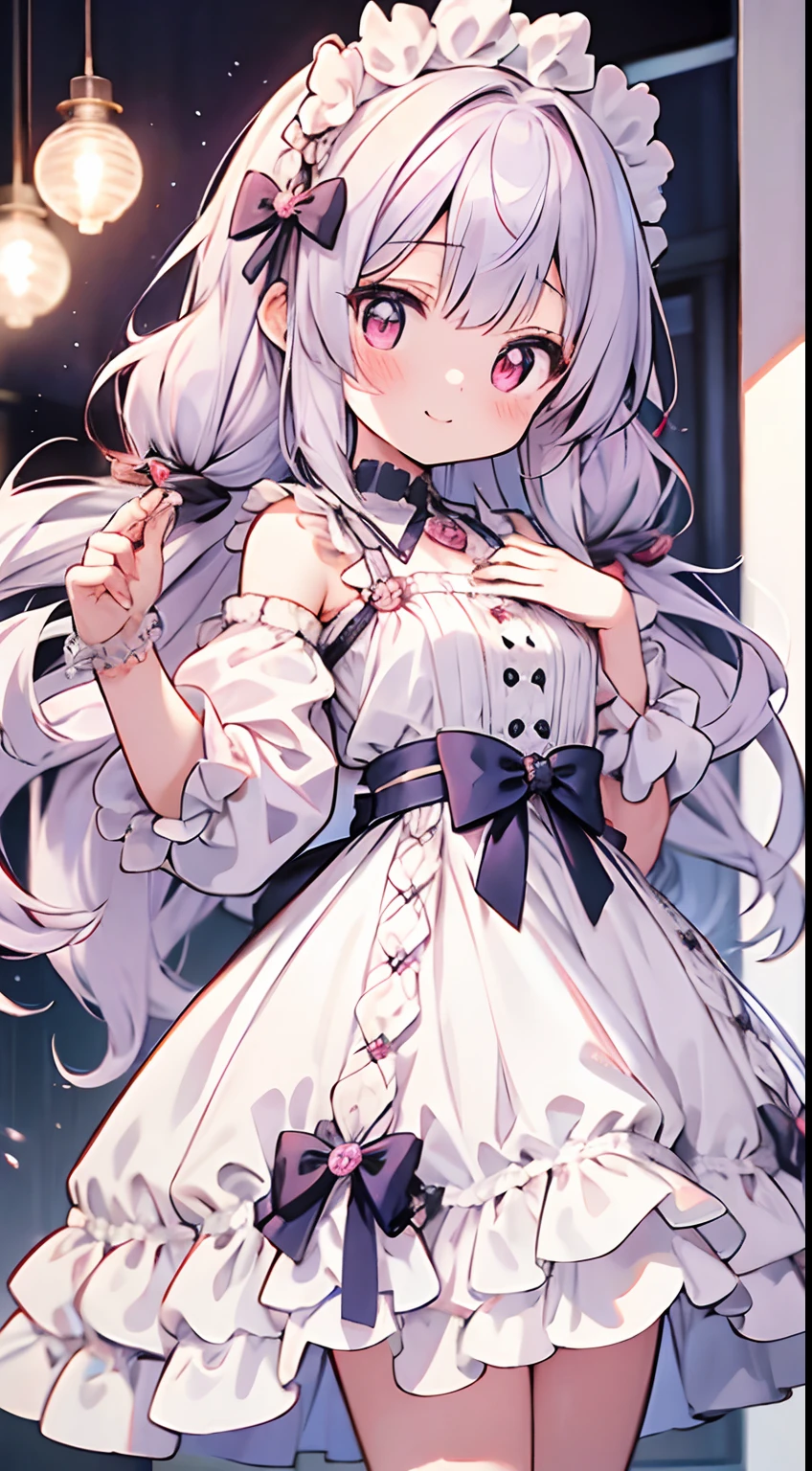 masutepiece, Best Quality, Ultra-detailed, kawaii, Cute, lovely, Extremely detailed, 4K, 8K, Best Quality, Beautiful, Anime style,Full body up, A -yeld gi Lori, Solo, Maids,Lolita,magical little giutiful lilac hair,Beautiful red eyes, Beautiful eyes,Yumekawa,White-skinned,Half Twin,Bangs Patsun,length hair,  slim, slender, Smile