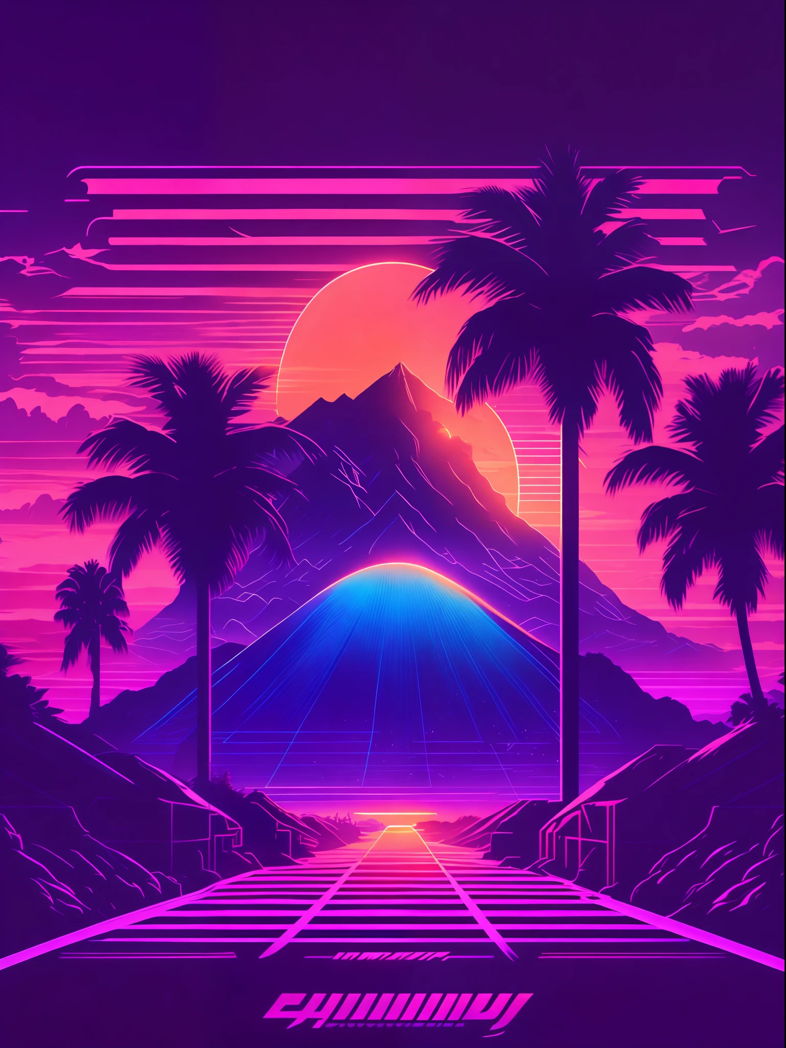 ((Best quality, 8K, Masterpiece: 1.4)),((Amazing detail: 1.3)),((illustration: 1.2)),((high resolution: 1.1)),tshirt design, rzminjourney, vector-art,synthwave style,sunset,palm,Grid ground,outrun style,dreamy,future style,