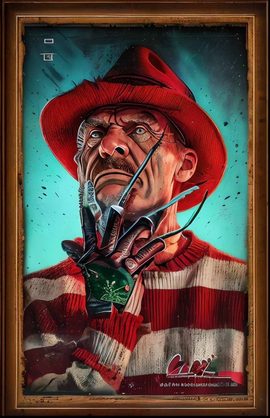 guttojugg1, Crie um retrato de capa de revista de um homem vestido como o personagem Freddy Krueger dos filmes 'A Nightmare on Elm Street'. He should be wearing the iconic old hat, ter o rosto queimado, e usar um esfarrapado, Red and green striped sweater along with faded black, Worn pants. Make sure he's wearing the iconic glove with bladed fingers. Conseguir (((detalhes intrincados))) e (((extrema qualidade dos detalhes))) In this hyper-realistic composition.