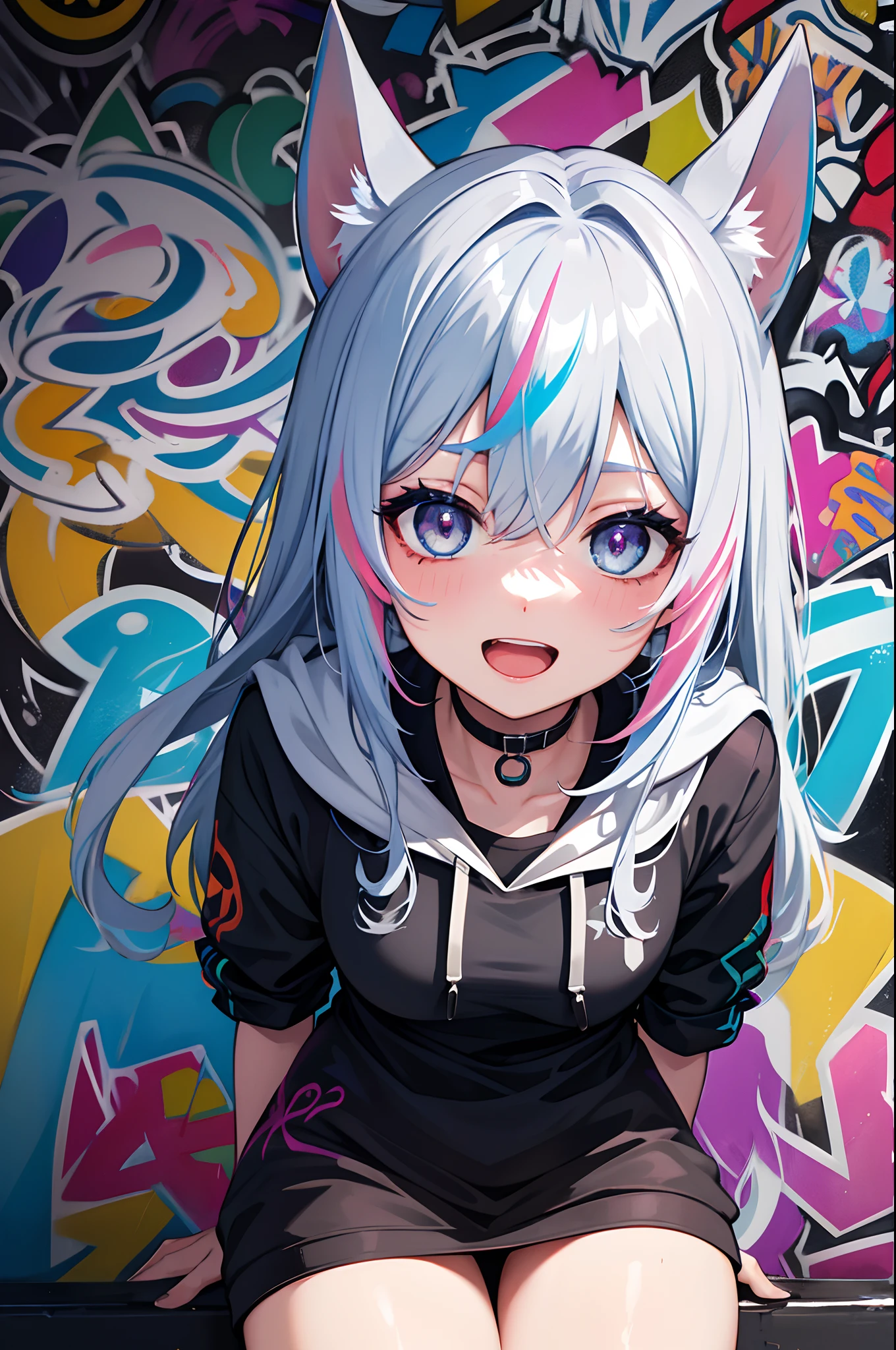 masterpiece, high quality, highres, absurdres, ultra-detailed, 8k, 1girl, platinum grey hair, blue hair, multicolored hair, gradient hair, looking at viewer, colorful eyes, colorful hoodie, (graffiti murals wall background:1.15), brilliant colorful paintings, bloom, portrait, open mouth, waist bag, against wall, bangs, shadow, reflection, Graffiti face, colourful eyes, open mouth, yandere expression, smile, look at viewer