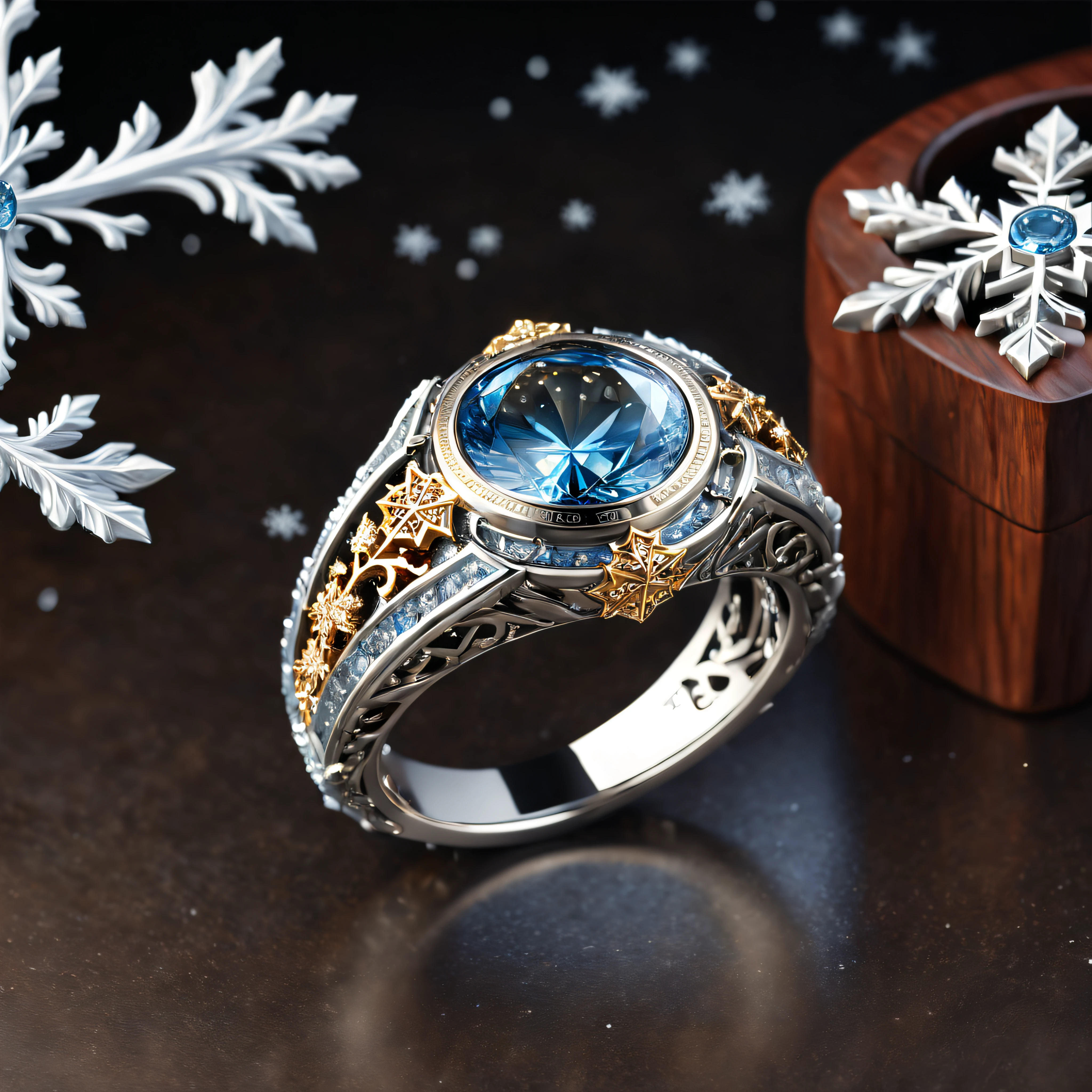 (8K, 16k, Award-winning, Highest quality, Highest resolution, Super detail, High detail, Anatomically correct, Masterpiece, Stunning beauty), (metal ring: 1.3), A metal ring inside an icicle , Male rings, detailed decoration, Snowflake carving, delicate craftsmanship , Legendary rings, Rare and precious, Intricate details, The ring is made of a metal called orichalcum, There are no gemstones, (The inside of the ring is engraved with ancient characters: 1.2), perfect circle, Platinum, White, Gold and silver, Trapped in a world of ice and snow.