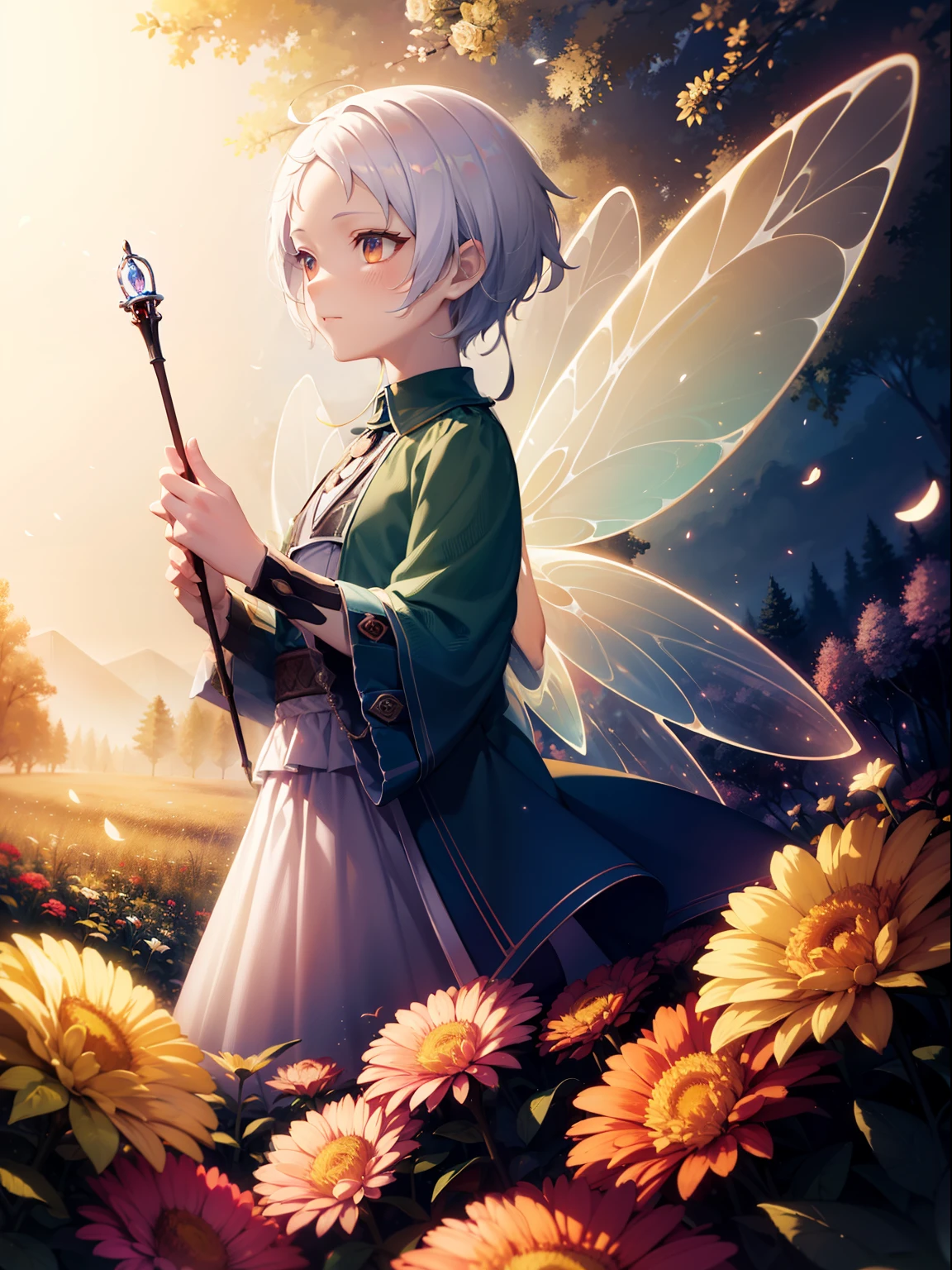 white short hair, red delaled sparkling eyes, Flower fairy, Transparent colorful wings, Magic wand，The background is forest，fresh flowers，green trees，Outstanding quality，illustration，8k，High definition, white short hair