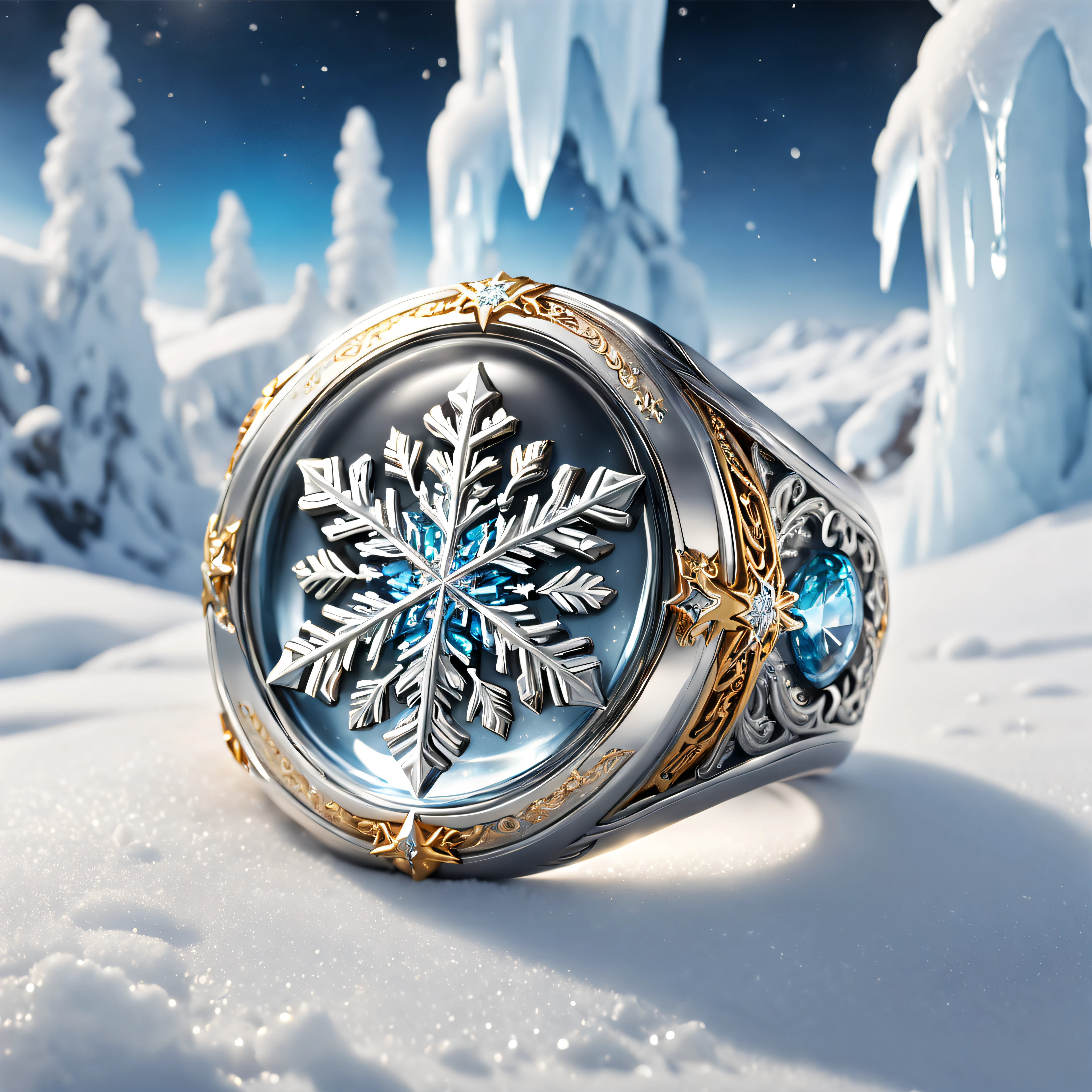 (8K, 16k, Award-winning, Highest quality, Highest resolution, Super detail, High detail, Anatomically correct, Masterpiece, Stunning beauty), (metal ring: 1.3), A metal ring inside an icicle , Male rings, detailed decoration, Snowflake carving, delicate craftsmanship , Legendary rings, Rare and precious, Intricate details, The ring is made of a metal called orichalcum, There are no gemstones, (The inside of the ring is engraved with ancient characters: 1.2), perfect circle, Platinum, White, Gold and silver, Trapped in a world of ice and snow.