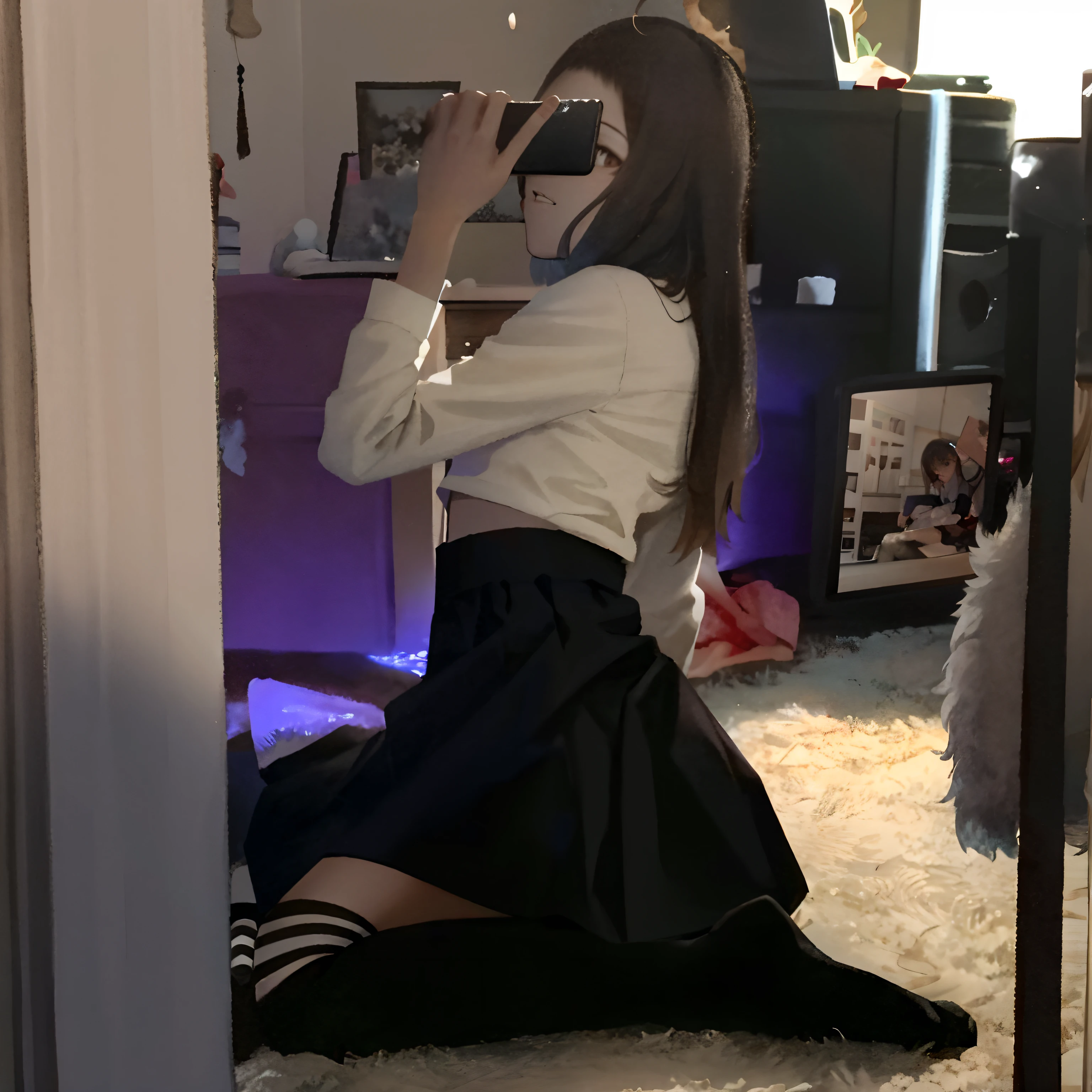 Araffe woman sitting on the floor and taking pictures of herself, in a skirt and high stockings, black skirt, sitting on the floor, sits in his room, hips and skirt, ulzzang, Mirror selfie, kneeling and looking up, taking selfies, shot right at an angle, outfit photo, bottom angle, beautiful anime girl squatting, short black skirt