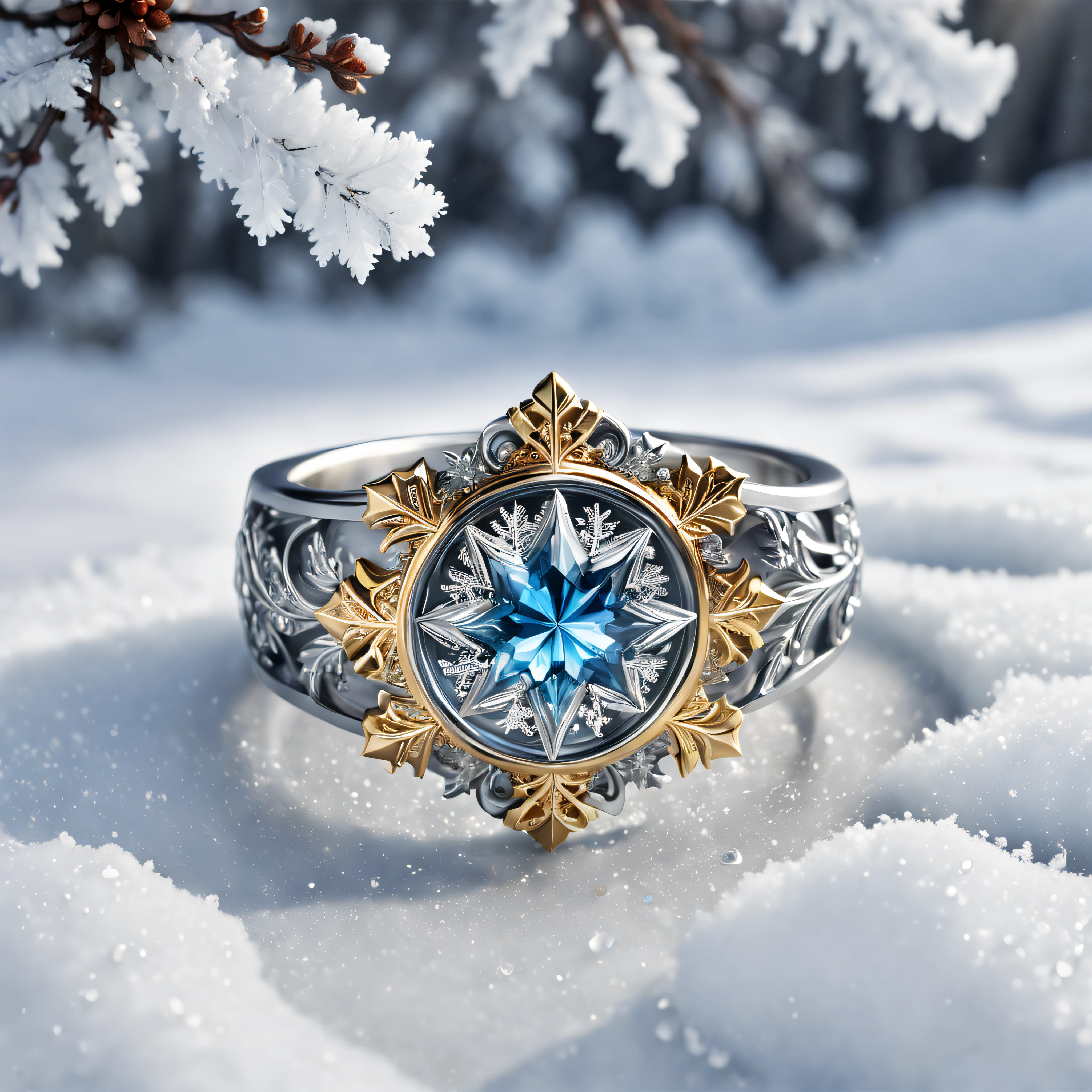 (8K, 16k, Award-winning, Highest quality, Highest resolution, Super detail, High detail, Anatomically correct, Masterpiece, Stunning beauty), (metal ring: 1.3), A metal ring inside an icicle , Male rings, detailed decoration, Snowflake carving, delicate craftsmanship , Legendary rings, Rare and precious, Intricate details, The ring is made of a metal called orichalcum, There are no gemstones, (The inside of the ring is engraved with ancient characters: 1.2), perfect circle, Platinum, White, Gold and silver, Trapped in a world of ice and snow.