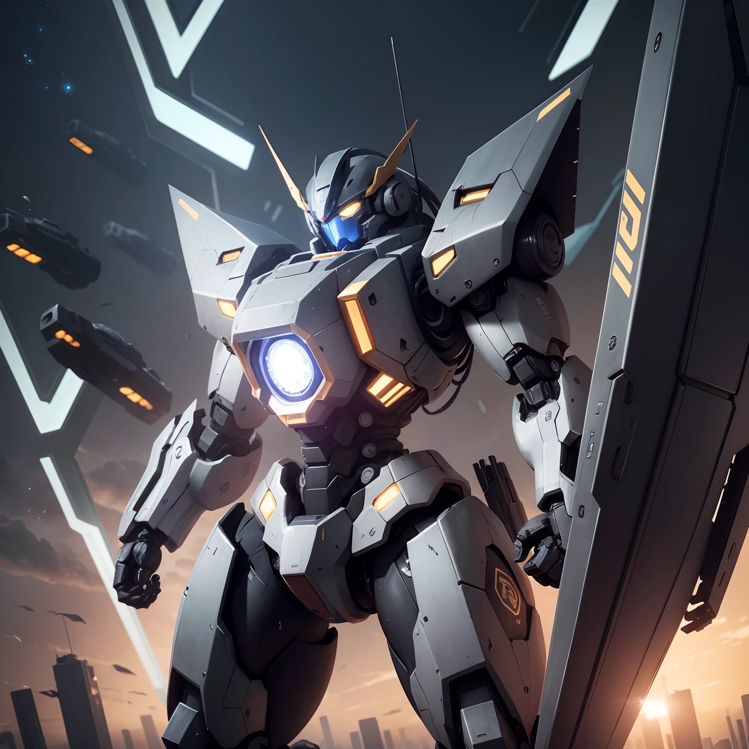 Crie um mecha blindado preto utilizando um escudos, a imagem tem que ser com aparecendo o corpo completo do mecha, Make this mecca hold a shield