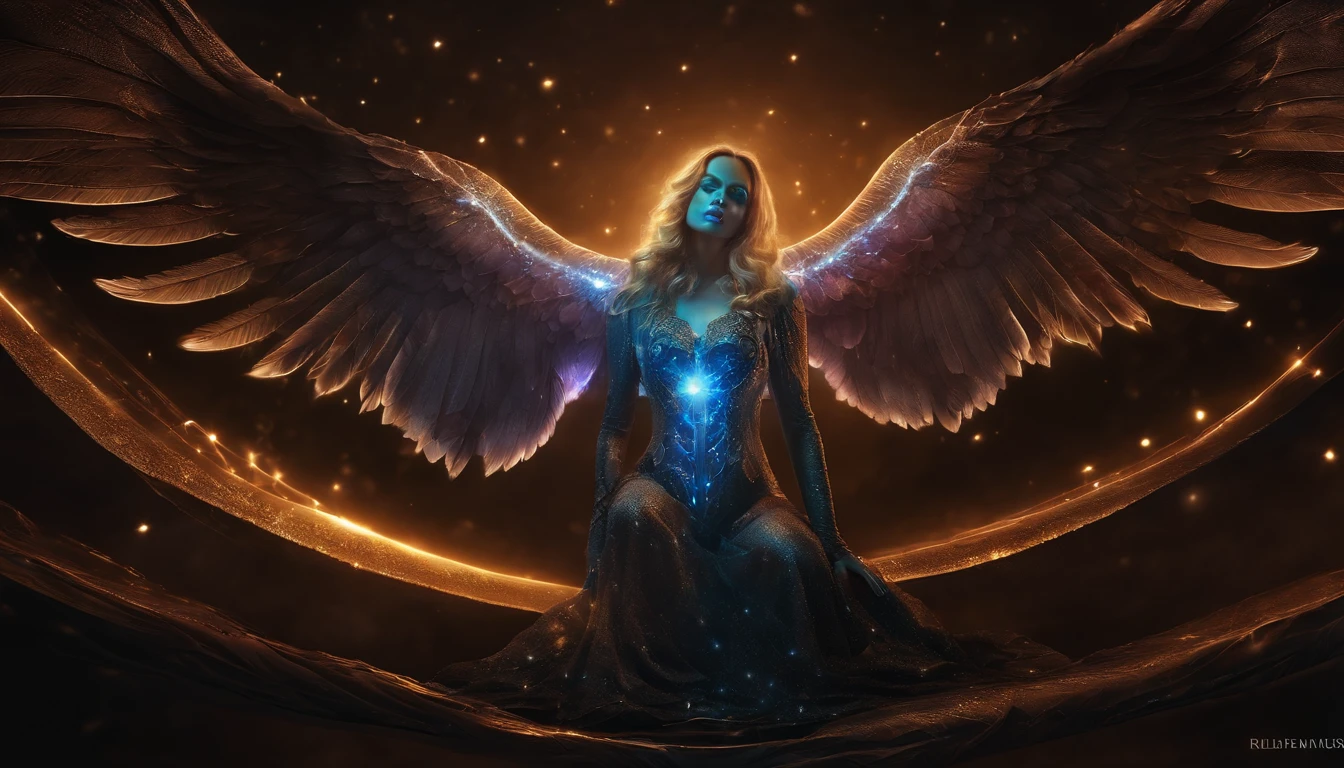 cosmic fallen angel, olhos claros brilhantes, Biomechanicals, Eldritch, assustador, Pesadelo, cores muito brilhantes, light particles, com luz luminosa, Mshiff, Arte do papel de parede, Papel de parede UHD