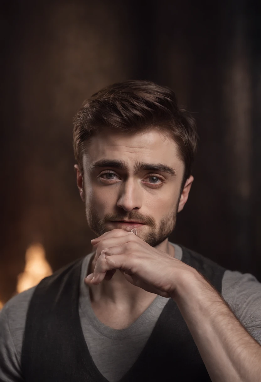 "Create a photorealistic 8K portrait of Daniel Radcliffe with a muscular physique. He should be captured in a cinematic close-up shot, exuding intensity and seriousness. Daniel Radcliffe's face should feature a stylized, photorealistic version of Wolverine's facial hair. He should also have Wolverine claws extended from his knuckles. In this close-up shot, he's smoking a cigar, with dramatic cinematic lighting that enhances the mood and intensity of the scene. The focus should be on his intense expression and the smoke billowing around him, creating a captivating and powerful portrait."