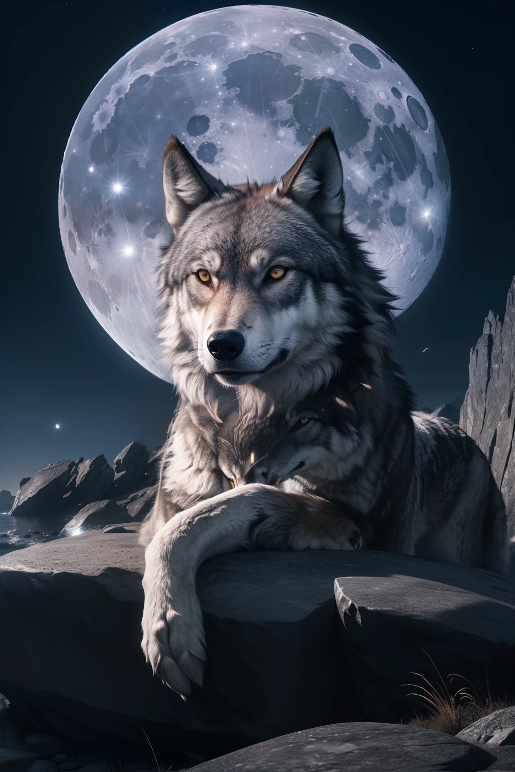 (best quality, highres:1.2, realistic:1.37),ultra-detailed,moonlit landscape,detailed rocks,a lone grey wolf,howling,close-up, face, moonlight shining,bright full moon,ripples,serene,peaceful,night,pile of rocks,midnight.