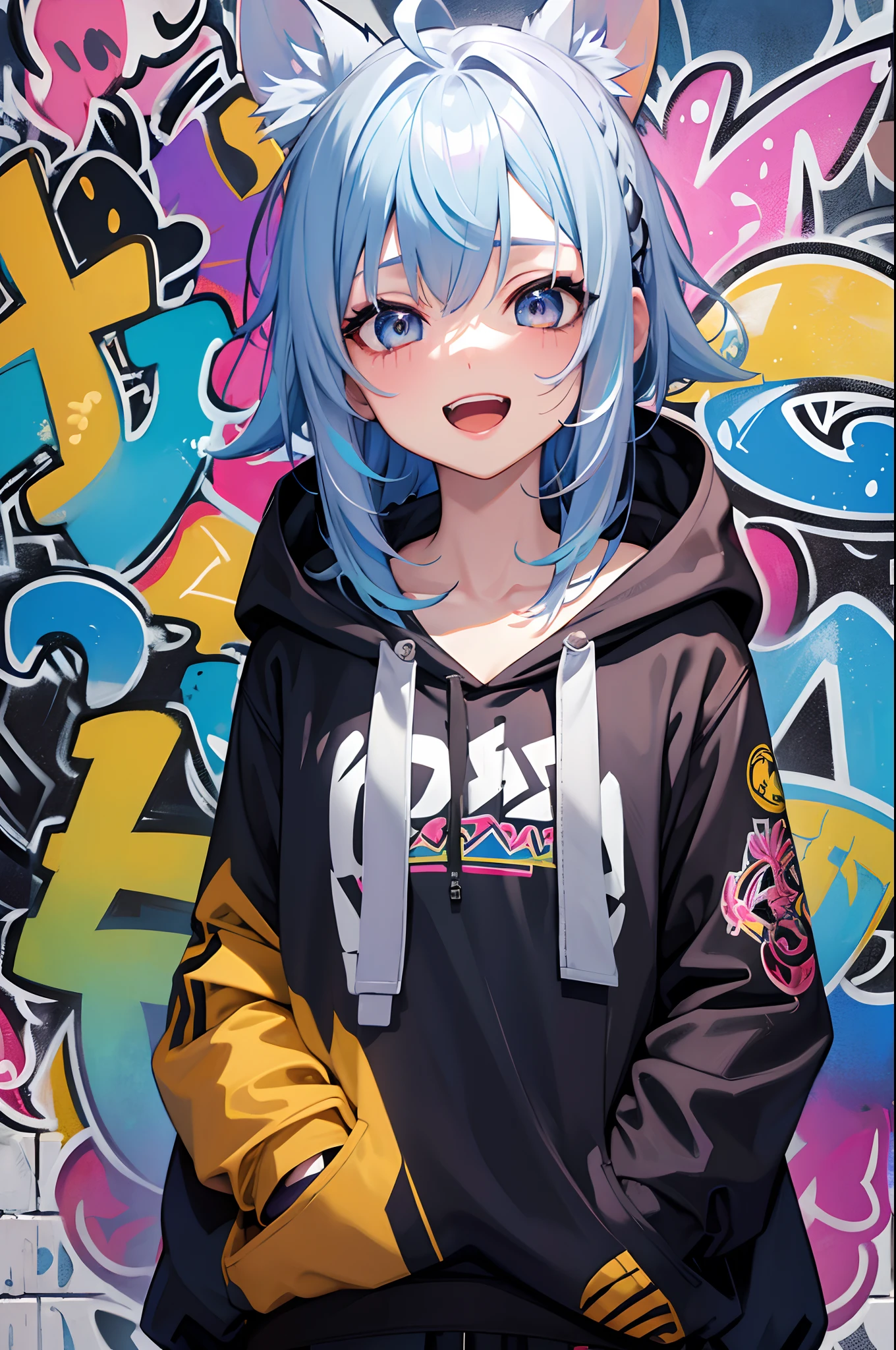 masterpiece, high quality, highres, absurdres, ultra-detailed, 8k, 1girl, platinum grey hair, blue hair, multicolored hair, gradient hair, looking at viewer, colorful eyes, colorful hoodie, (graffiti murals wall background:1.15), brilliant colorful paintings, bloom, portrait, open mouth, waist bag, against wall, bangs, shadow, reflection, Graffiti face, colourful eyes, open mouth, yandere expression, smile, look at viewer