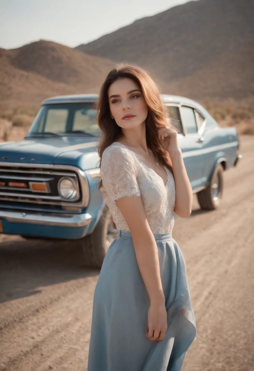 (master piece), (ultra-detailed), (perfect body), (picture-perfect face), Beside a moonlit highway, a distressed young woman stands by her classic Ford car, smoke billowing from its raised bonnet. Leonardo Style