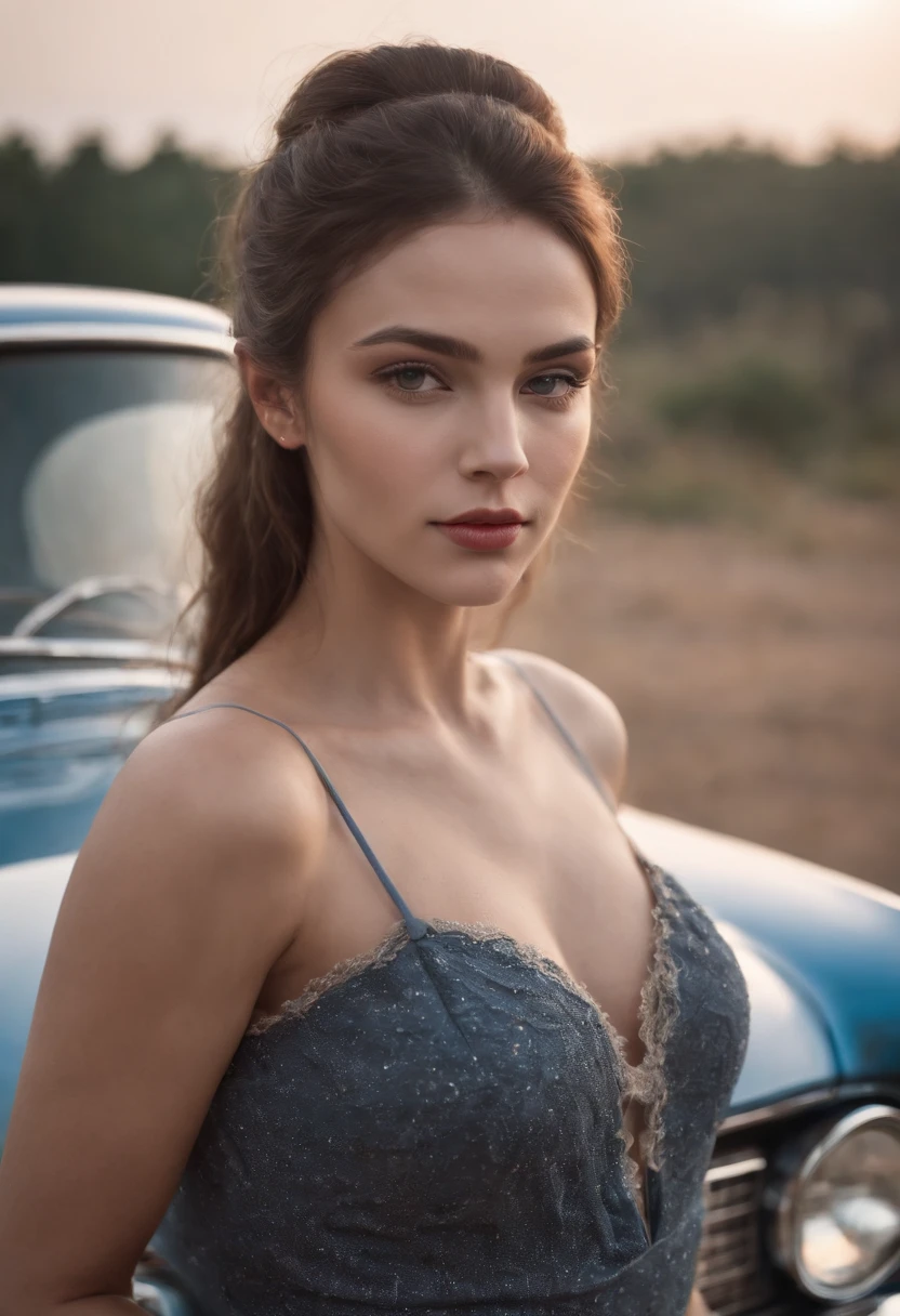 (master piece), (ultra-detailed), (perfect body), (picture-perfect face), Beside a moonlit highway, a distressed young woman stands by her classic Ford car, smoke billowing from its raised bonnet. Leonardo Style