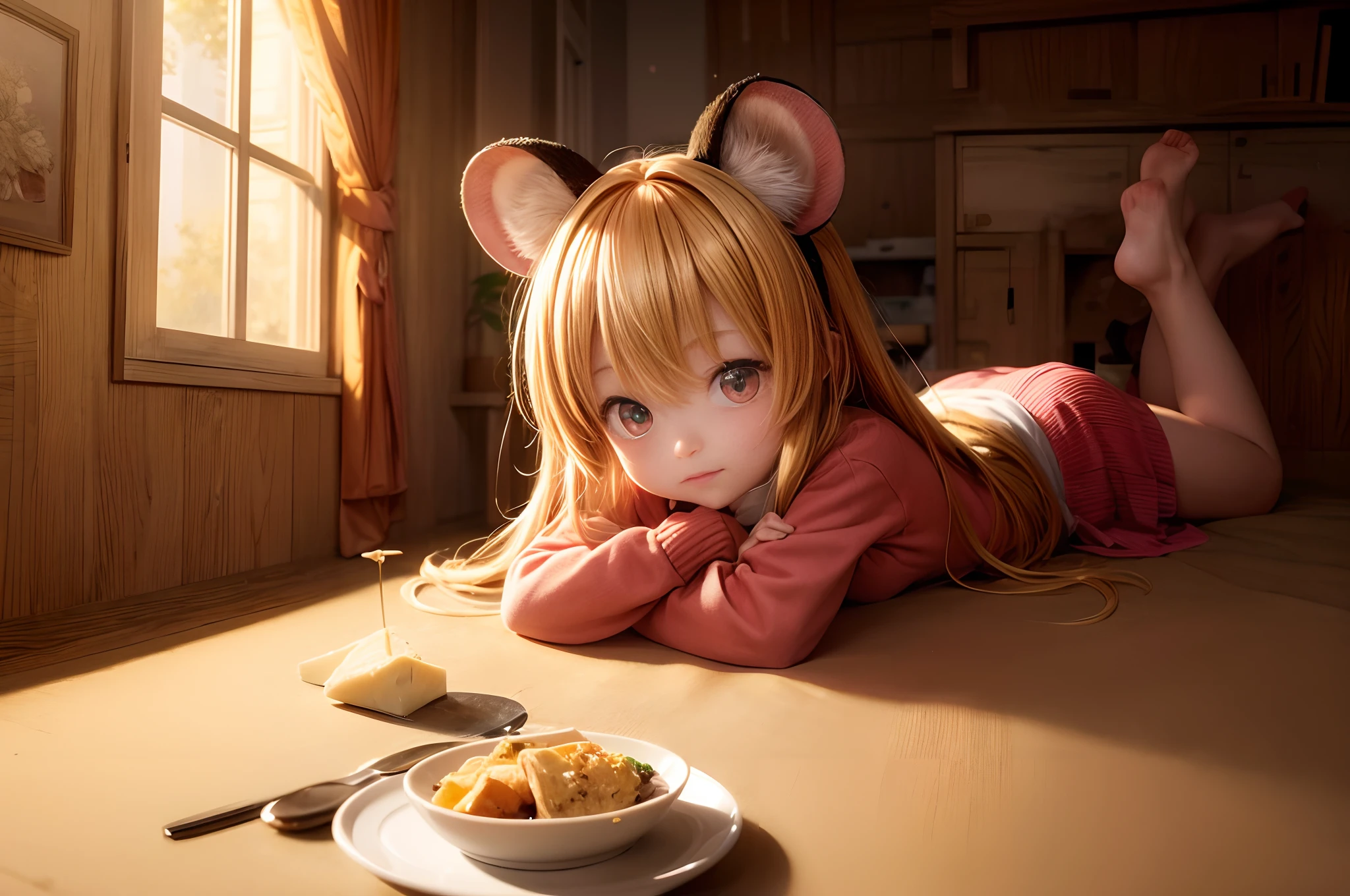 "Photograph capturing an anime-themed scene with a girl in mouse ears, enjoying cheese in a snug room. Golden hour-like lighting, anime ambiance, enchanting."