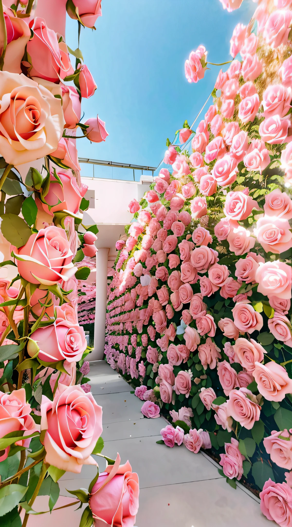Many pink roses grow on one side of the building, an aesthetic field of flowers, roses in cinematic light, with soft pink colors, Beautiful and aesthetic, Pink flowers, rose background, rosses, rosette, portal made of roses, Rose background, dreamy aesthetic, heaven pink, laying on roses, beautiful aesthetic, pastel overflow, nature and floral aesthetics