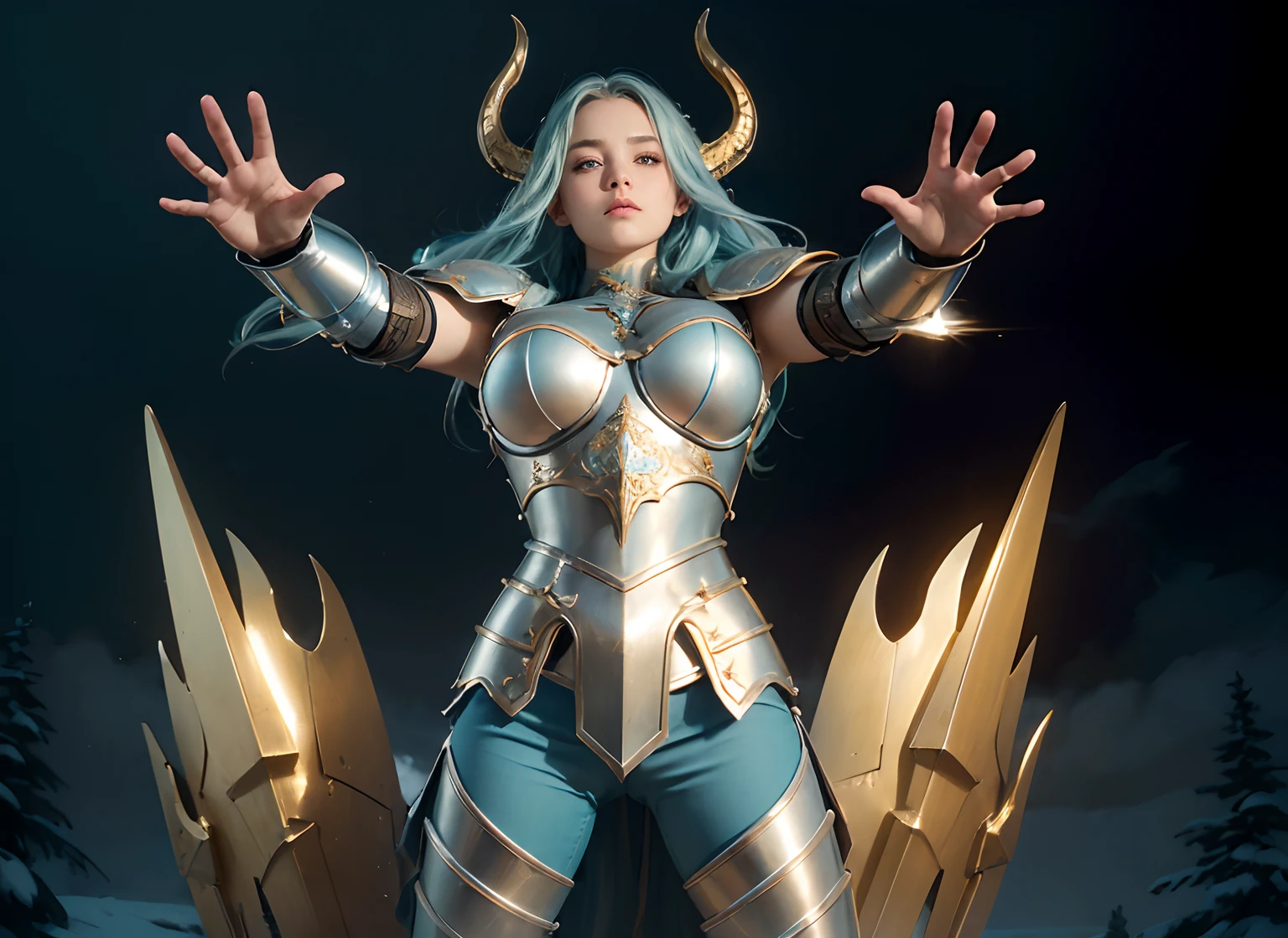 realistic), (cinematic shot), slightly low view. upper body of an beautiful young girl knight, 1girl, woman, in medieval armor, (detailed face), with very long hair, crossed arms, (light blue hair), (long hair), ((messy hair)), ((bands)) blowing hair, (big breasts), near a snow castle at winter, golden armor, golden horns on helmet, (full body armor), ((metal reflections)), ((bright intricate armor)), (polished armor), (detailed armor, high quality), (ornate armor), (hdr), (noble), inspiring, film, cinematic lighting. ((light blue pants)). ((delicate face)).