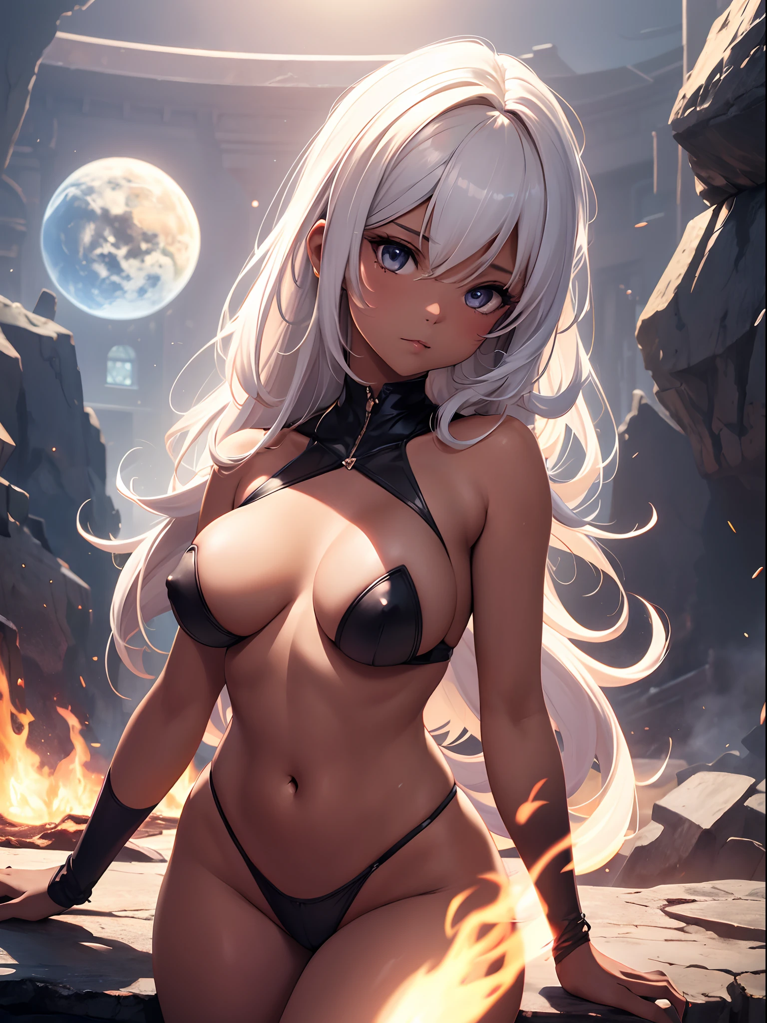 highres, shadows, absurdres, best_quality, ultra_detailed, 8k, extremely_clear, photograph, beautiful, beautiful face, sharp focus, hdr, 1girl, clean eyes, wide-eyed, background (magic academya) or (planets), flames, beautiful face, small puffy breasts (puffy nipple), firm breast, very red areola, standing , seductive pose,no bra, light dark tanned skin