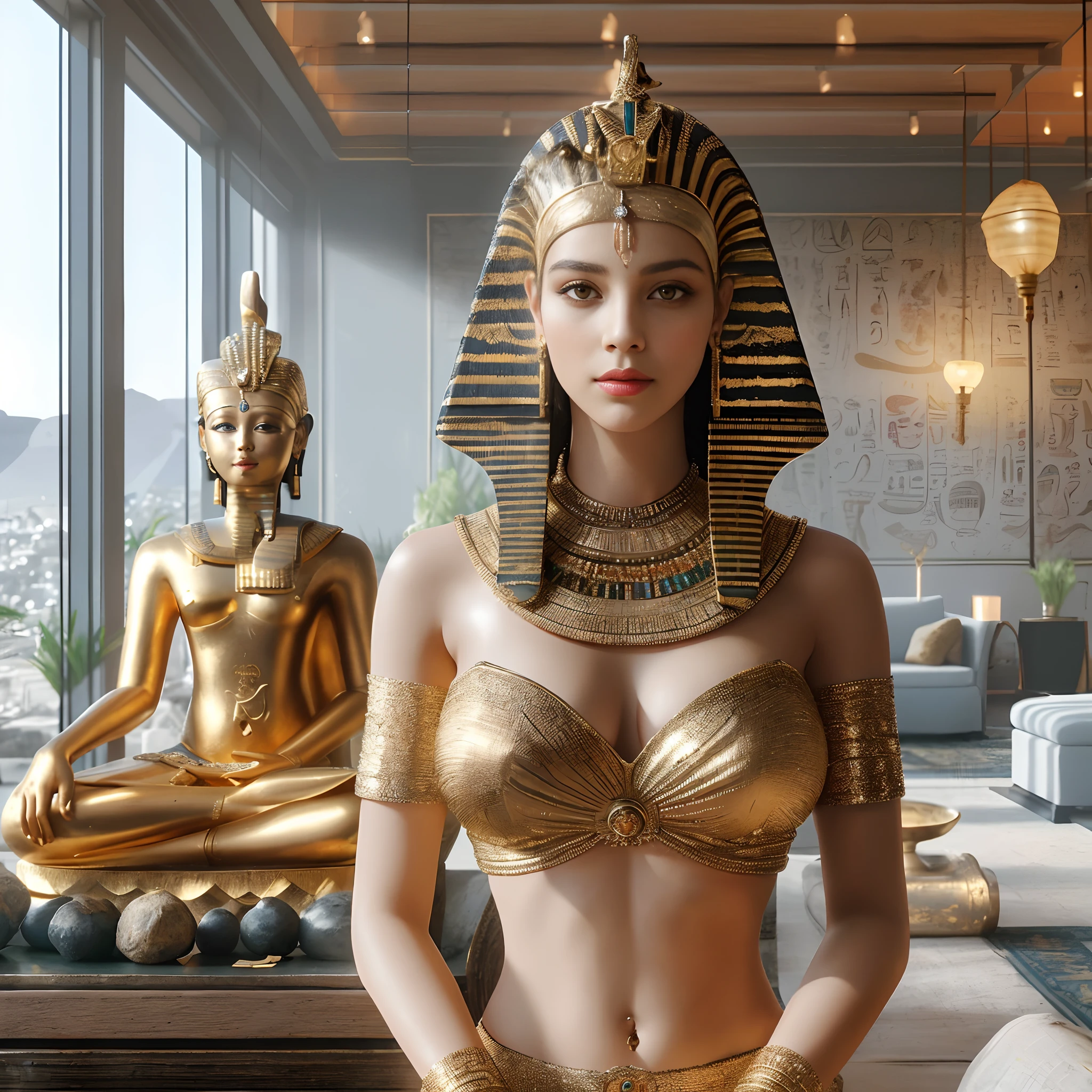 just a beautiful woman sitting on a pedestal, beautiful woman, tight body shape, ancient egyptian hairstyle, ancient egyptian royal princess dress with royal accessories, ancient egyptian atmosphere, high quality image, cleavage, round bust, royal egyptian palace setting, detail smooth skin, eye detail, lip detail, realistic:1.4, slightly dark lighting, professional photo, 8k, masterpiece