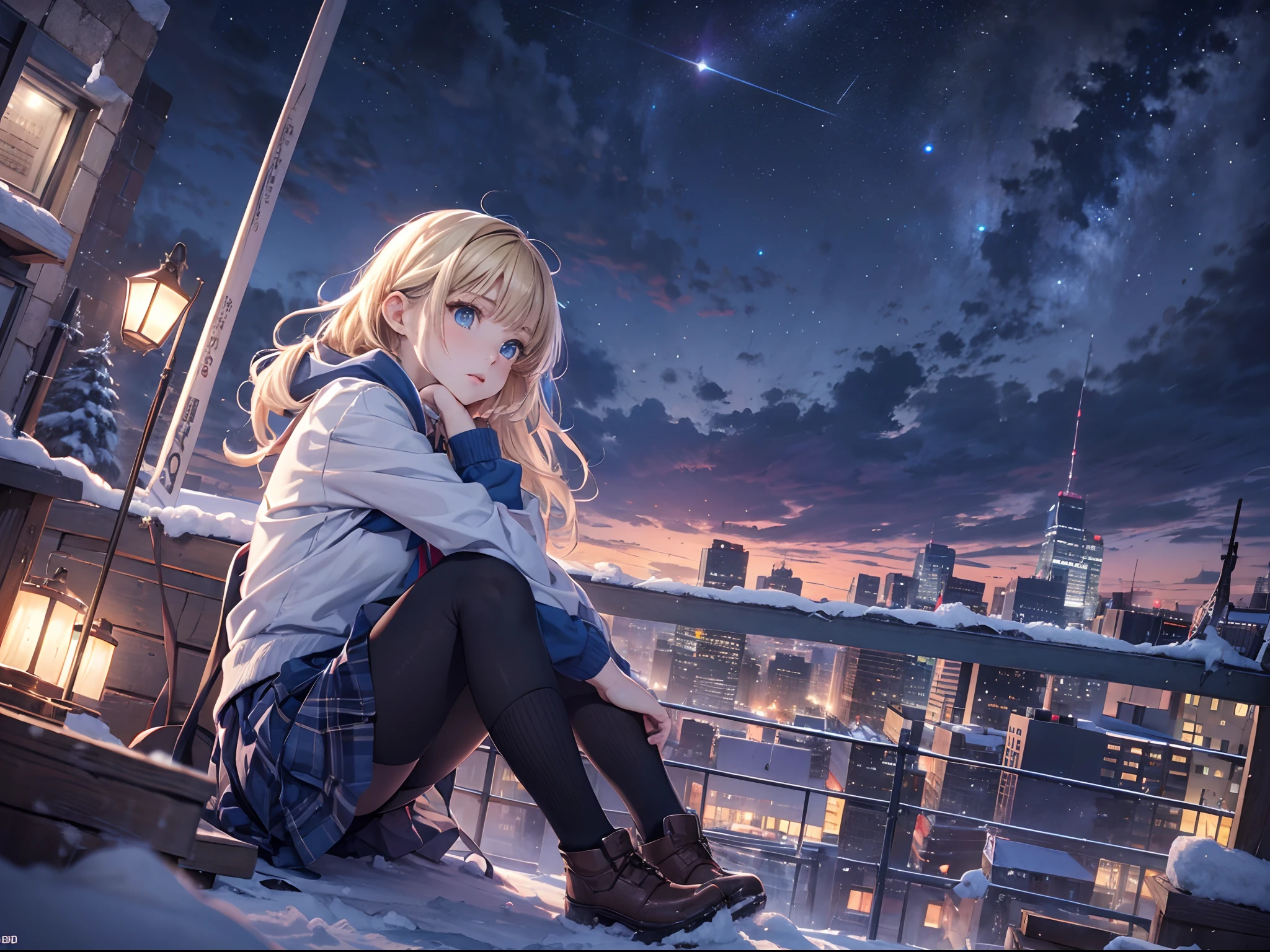 masutepiece,8K,octans, Skysky, stele(Skysky), landscapes, starrysky, natta, 1girl in, nigh sky, 独奏, plein air, built, clouds, milkyway, sitting on, 城市, silhuette, Cityscape,(Short, Low twin-tailed blonde hair:1.2),(Deep Blue Eyes:1.3),(winter school uniform:1.1)