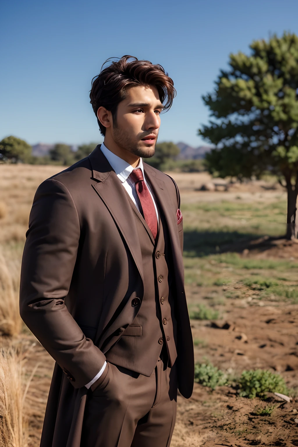araffe man in a brown suit standing in front of a tree, an afghan male type, khyzyl saleem, kyza saleem, wearing a worn out brown suit, by Riza Abbasi, dressed in a jodhpuri suit, profile picture 1024px, ash thorp khyzyl saleem, handsome man, profile picture