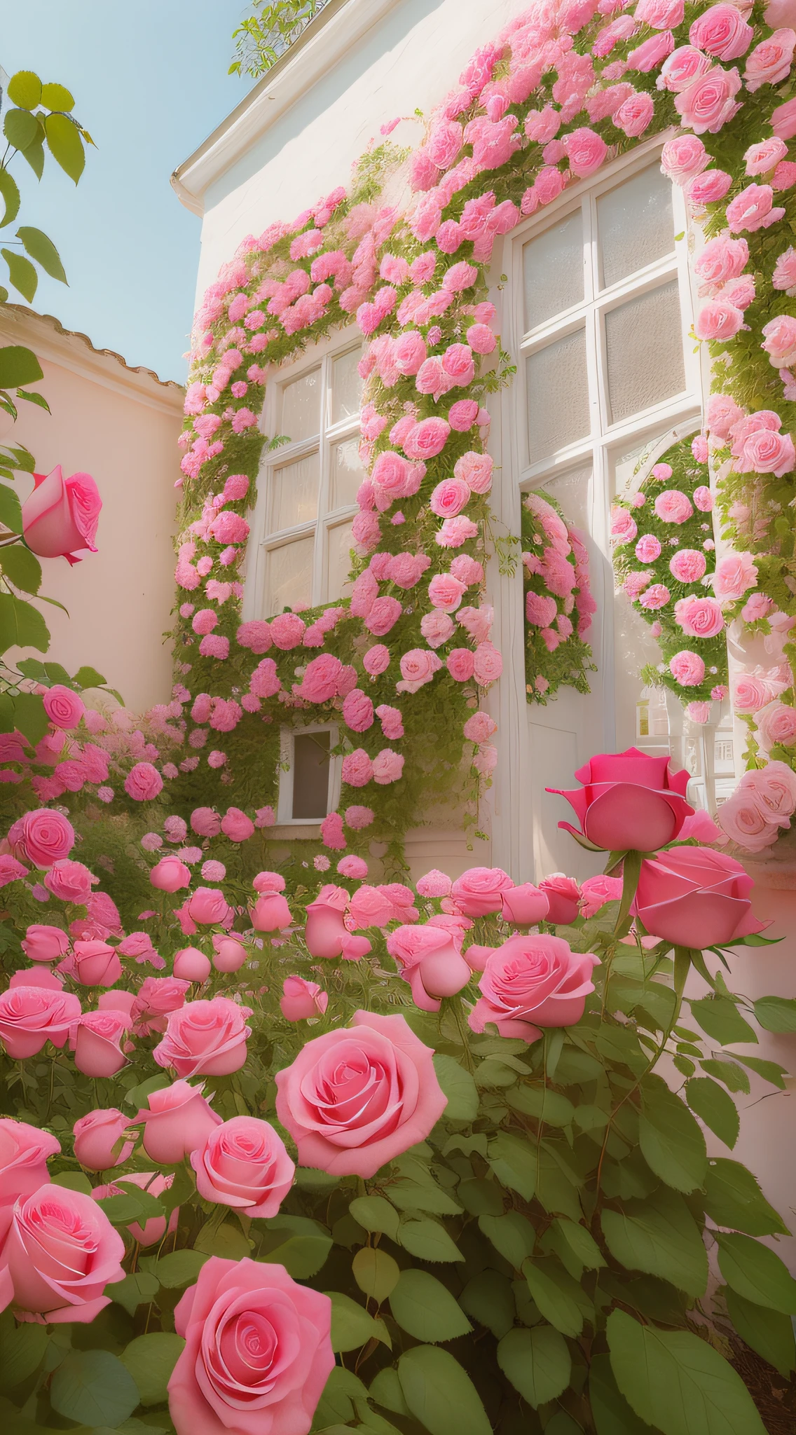 Many pink roses grow in the garden,There are teddy bears, an aesthetic field of flowers, portal made of roses, dreamy aesthetic, in a cottagecore flower garden, Beautiful and aesthetic, Rose garden, nature and floral aesthetics, with soft pink colors, Magical flowers, sitting in the rose garden, shades of pink, roses in cinematic light