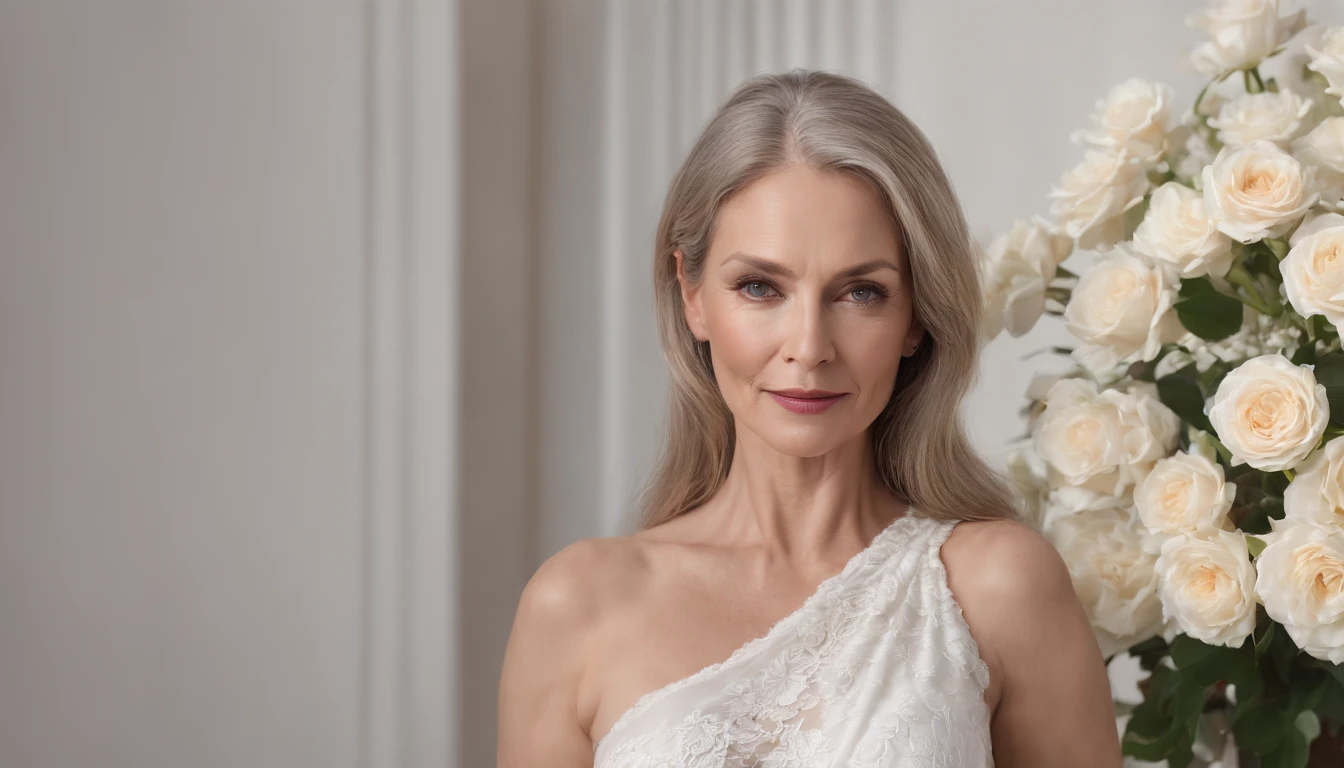 Sultry elegance of a 50-year-old senior woman in a very exciting white dress, Huge-breasts,Full Body Guilt All Limbs, She has a very beautiful figure, Gorgeous, Photo in a short skirt, Sexy, realistic camera of Iphone 14 pro, foto realista, No eye deformity, shooting, dream, Hyper-realistic, 4k, Detailed beautiful woman, full - body, seductive, (hiquality, High Resolution), she is 50 years old, Eyes Normal Man Old Model In Front Of Flowers, Trending on ArtStation, sharp-focus, studio photo, intricate details, Highly detailed, by Greg Rutkowsky, No deformity of the eye