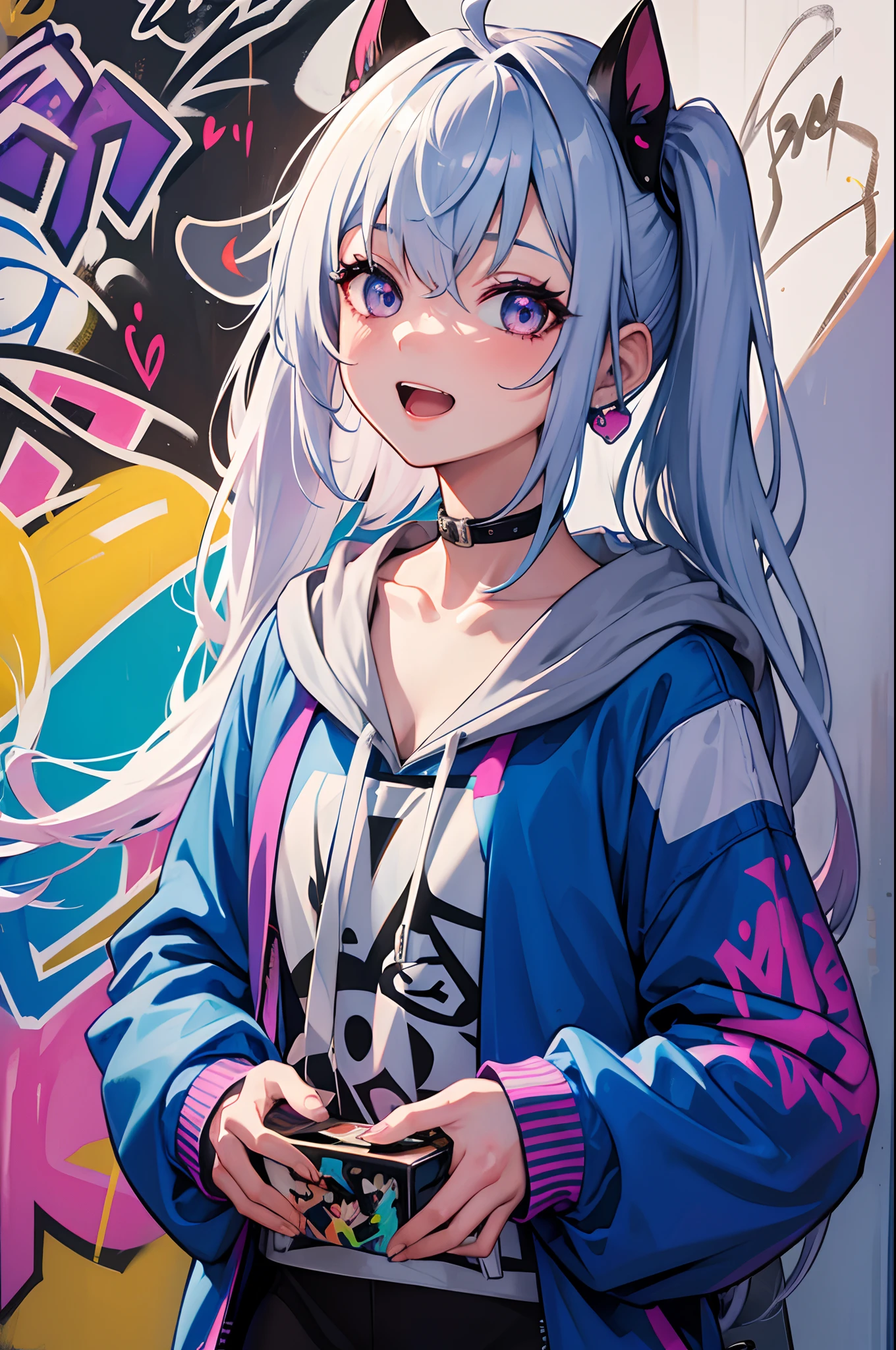 masterpiece, high quality, highres, absurdres, ultra-detailed, 8k, 1girl, platinum grey hair, blue hair, multicolored hair, gradient hair, looking at viewer, colorful eyes, colorful hoodie, (graffiti murals wall background:1.15), brilliant colorful paintings, bloom, portrait, open mouth, waist bag, against wall, bangs, shadow, reflection, Graffiti face, colourful eyes, open mouth, yandere expression, smile, look at viewer