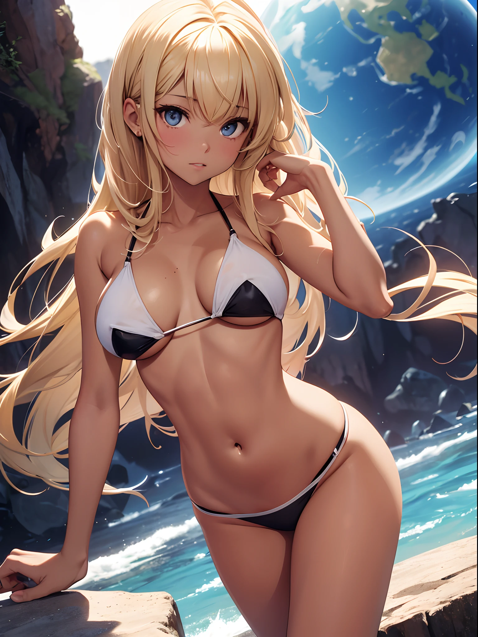 highres, shadows, absurdres, best_quality, ultra_detailed, 8k, extremely_clear, photograph, beautiful, beautiful face, sharp focus, hdr, 1girl, clean eyes, wide-eyed, background (magic academya) or (planets), flames, beautiful face, small puffy breasts (puffy nipple), firm breast, very red areola, standing , seductive pose,no bra, light dark tanned skin, tan lines bikini zone, blonde