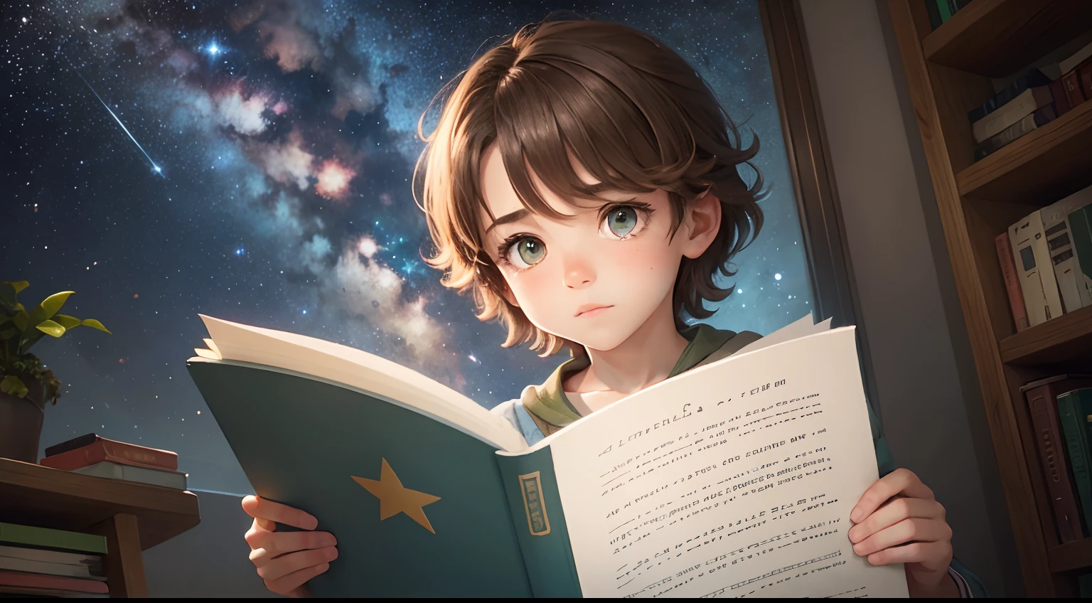 A whimsical, starlit sky gently cradles the glowing, cursive text 'Sonhos de Papel', as a cascade of gentle, colorful shooting stars twirls around, inviting viewers into a universe of enchanting stories and adventures, all beneath the watchful, twinkling eyes of a young boy with bright green eyes and tousled brown hair, peeking curiously from the corner of the frame.