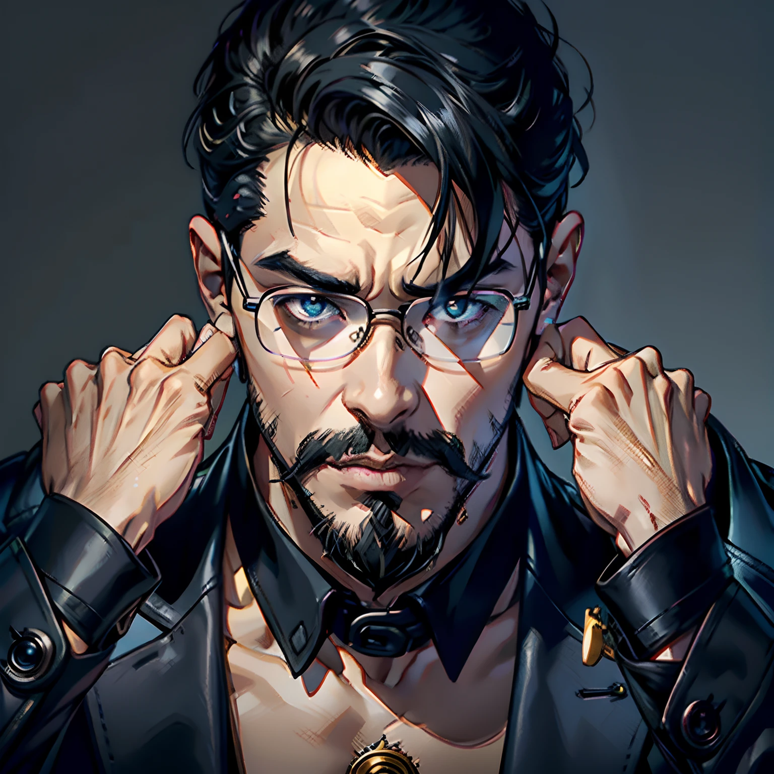8K,HighestQuali,Highest image quality,tmasterpiece,Master illustration,Exquisite,Amazing,1 man,Solo,closeup cleavage,middle aged man,middle aged man,Black beard,Pure black style,White-colored skin,Gold-tone watch,with short black hair,successful,Thin,serious,Cheerful laughter,Black beard,black-frame glasses,eye glass,In black suit,black long pants,Black leather boots,Black pupils,Tajiro legs,Insidious and cunning