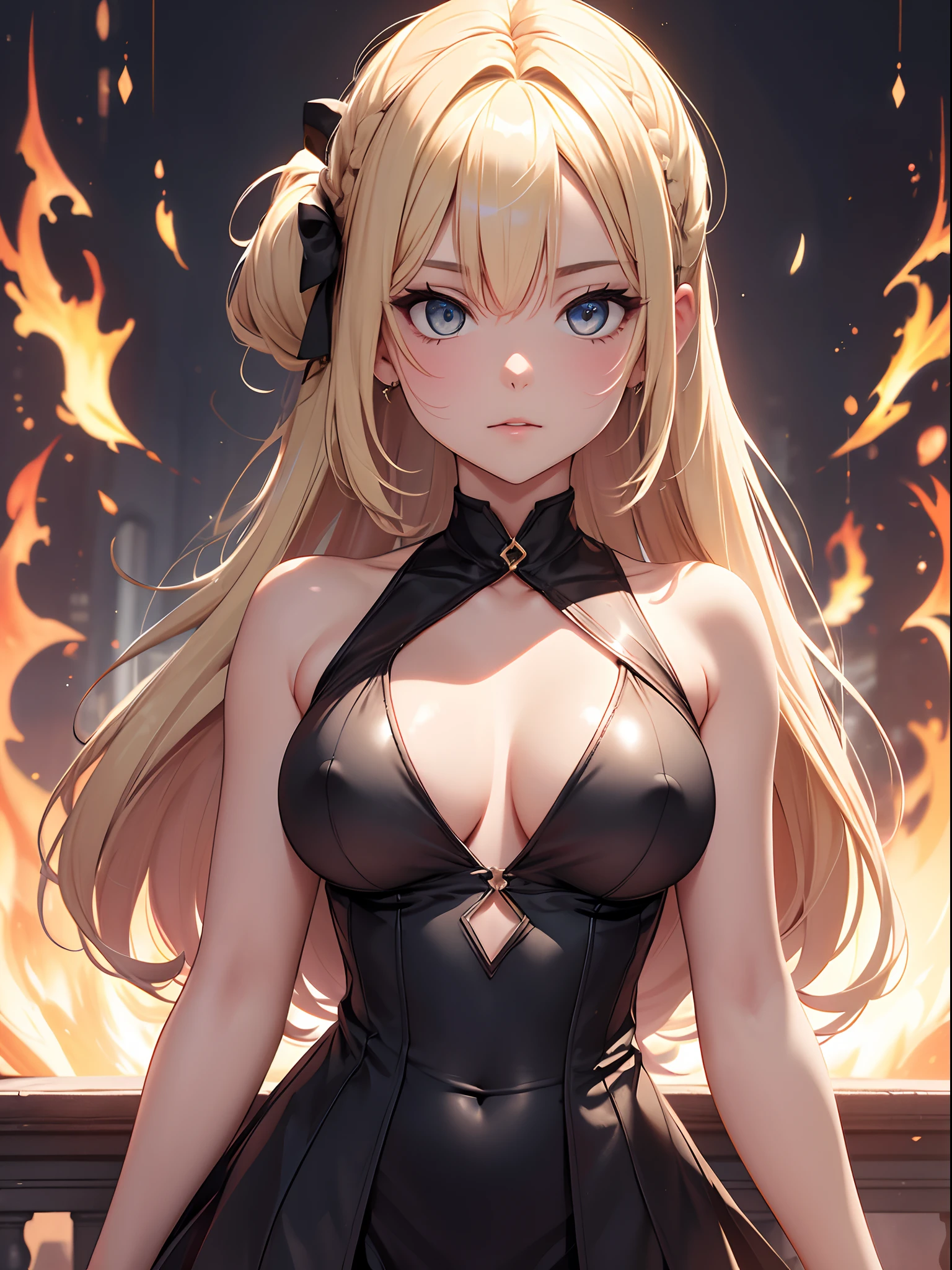 highres, shadows, absurdres, best_quality, ultra_detailed, 8k, extremely_clear, photograph, beautiful, beautiful face, sharp focus, hdr, 1girl, clean eyes, wide-eyed, background (magic academya) or (planets), flames, beautiful face, small puffy breasts (puffy nipple), firm breast, very red areola, standing , seductive pose,no bra, , blonde, twin ponytail hairstyle