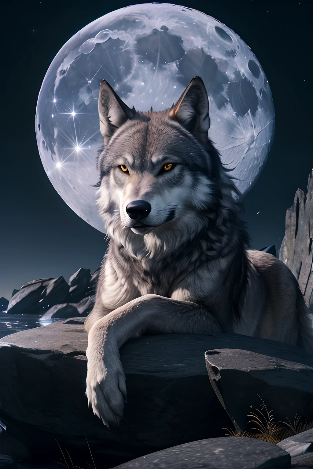 (best quality, highres:1.2, realistic:1.37),ultra-detailed,moonlit landscape,detailed rocks,a lone grey wolf,howling,close-up, face, moonlight shining,bright full moon,ripples,serene,peaceful,night,pile of rocks,midnight, perfectly drawn eyes