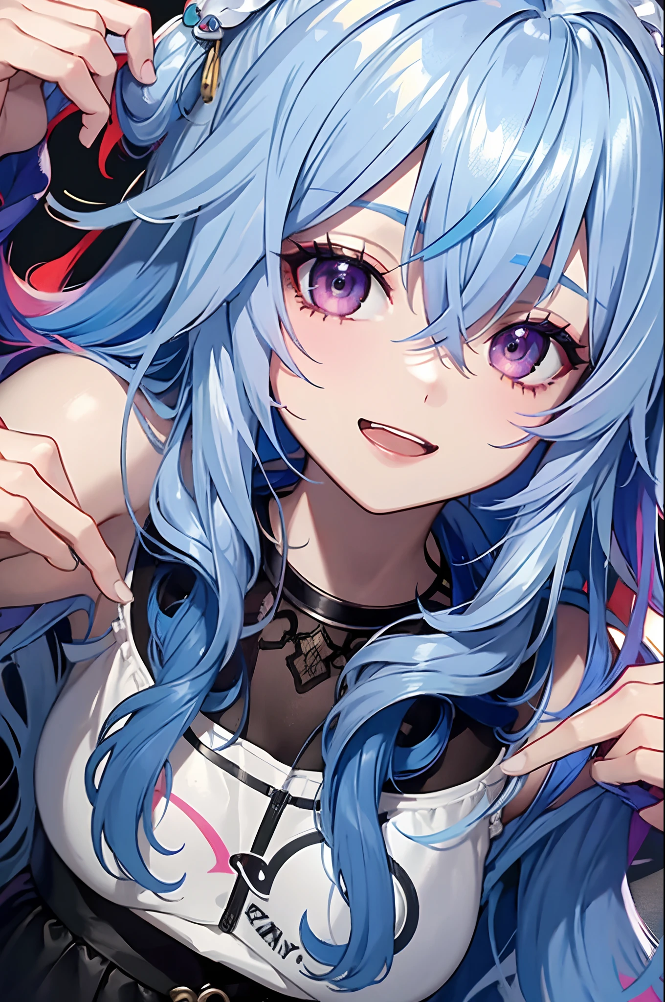 masterpiece, high quality, highres, absurdres, ultra-detailed, 8k, 1girl, platinum grey hair, blue hair, multicolored hair, gradient hair, looking at viewer, colorful eyes, colorful hoodie, (graffiti murals wall background:1.15), brilliant colorful paintings, bloom, portrait, open mouth, waist bag, against wall, bangs, shadow, reflection, Graffiti face, colourful eyes, open mouth, yandere expression, smile, look at viewer