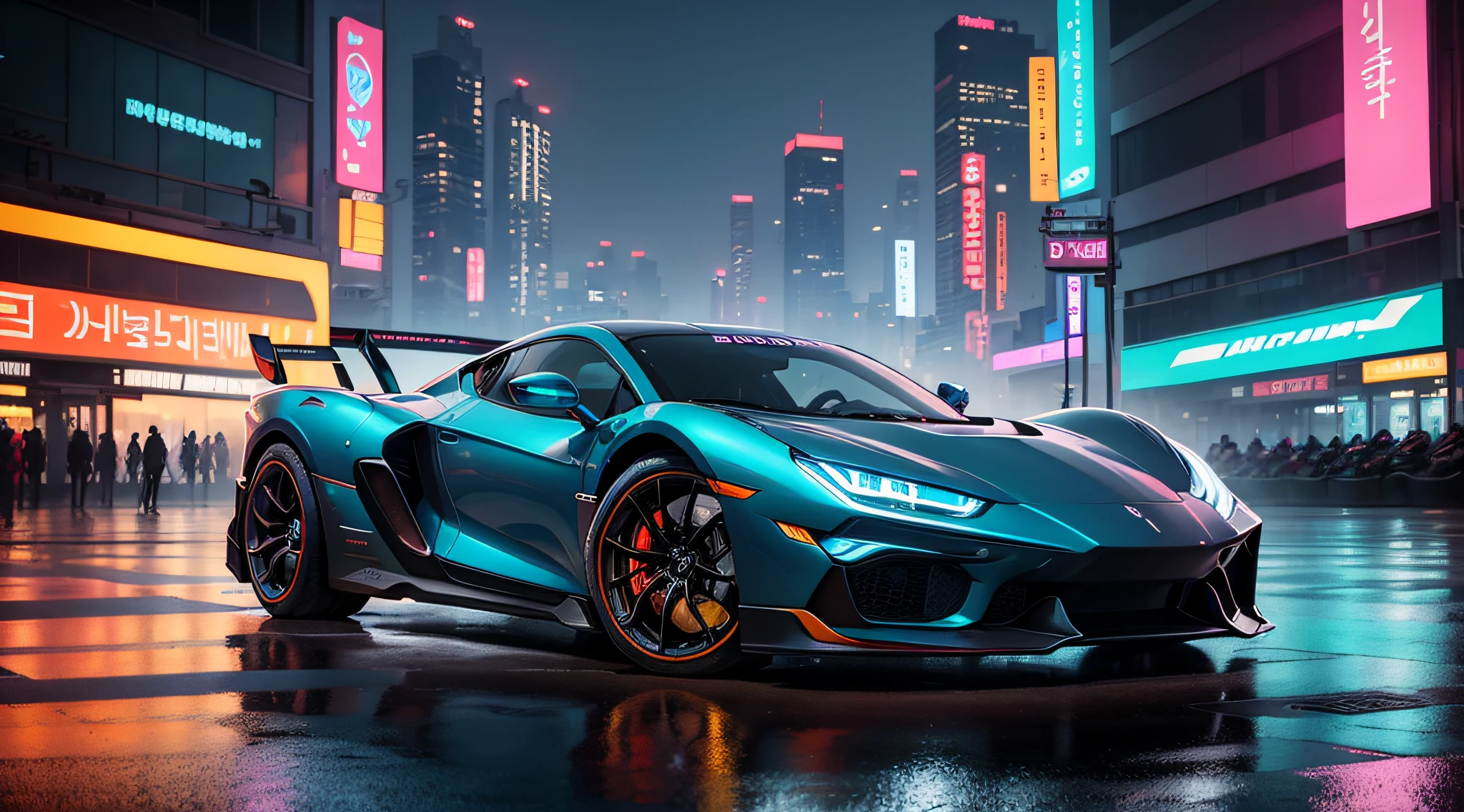 Seoul's futuristic cityscape, Crowded skyscrapers, The cyberpunk, Colorful neon signs, Puddles of water on the floor, In the middle of the road, a futuristic supercar stands diagonally