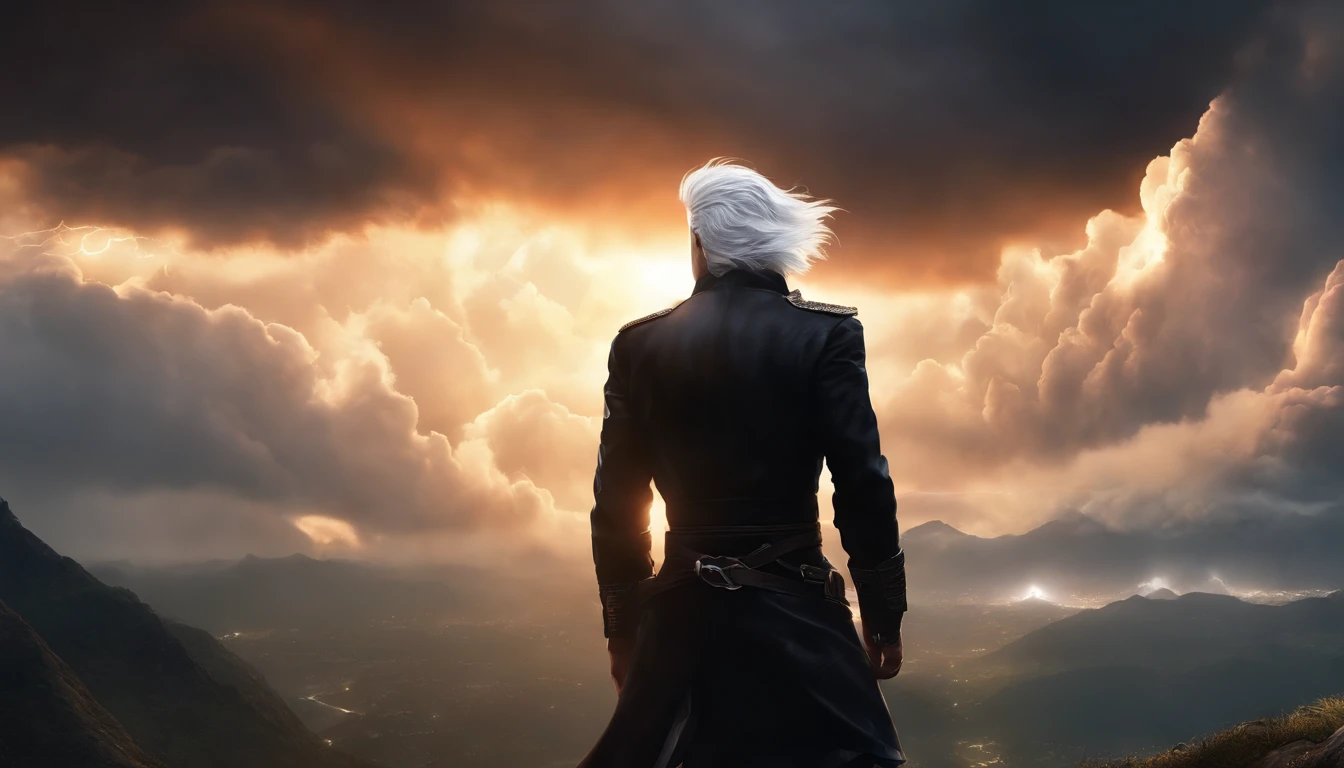 anime style, white-haired man, looking up at the sky, on top of a mountain peak, with a backdrop of a thunderstorm with lightning, wearing black clothes, seen from the back.

(best quality, ultra-detailed, photorealistic:1.37), vibrant colors, vibrant lighting, incredible detail on the character's white hair, dramatic cloud formations, dynamic lightning effects, captivating atmosphere with dark hues, mystical aura surrounding the character's silhouette.