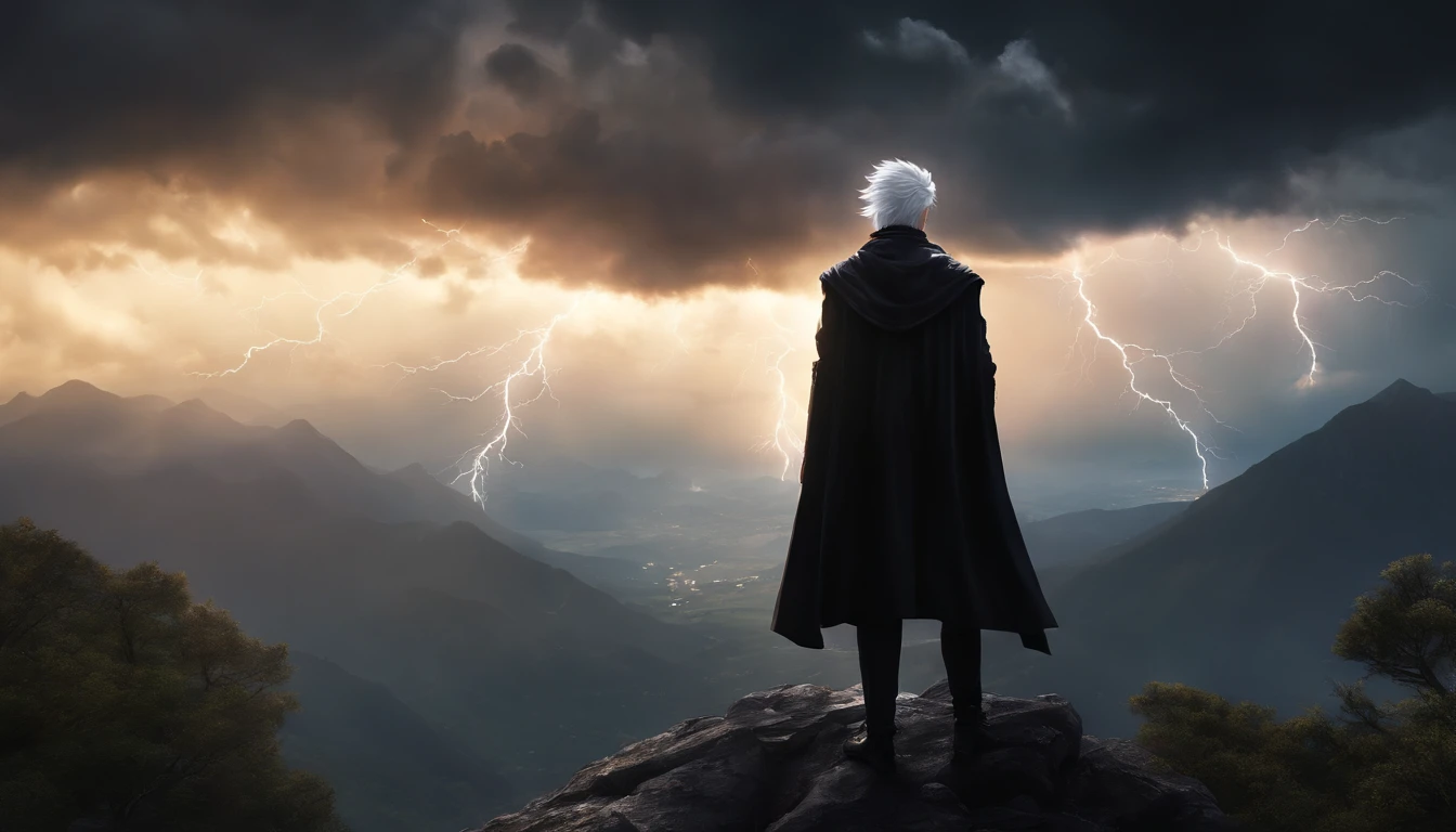 anime style, white-haired man, looking up at the sky, on top of a mountain peak, with a backdrop of a thunderstorm with lightning, wearing black clothes, seen from the back.

(best quality, ultra-detailed, photorealistic:1.37), vibrant colors, vibrant lighting, incredible detail on the character's white hair, dramatic cloud formations, dynamic lightning effects, captivating atmosphere with dark hues, mystical aura surrounding the character's silhouette.