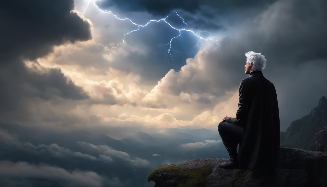 anime style, white-haired man, looking up at the sky, on top of a mountain peak, with a backdrop of a thunderstorm with lightning, wearing black clothes, seen from the back.
(best quality, ultra-detailed, photorealistic:1.37), vibrant colors, vibrant lighting, incredible detail on the character's white hair, dramatic cloud formations, dynamic lightning effects, captivating atmosphere with dark hues, mystical aura surrounding the character's silhouette.