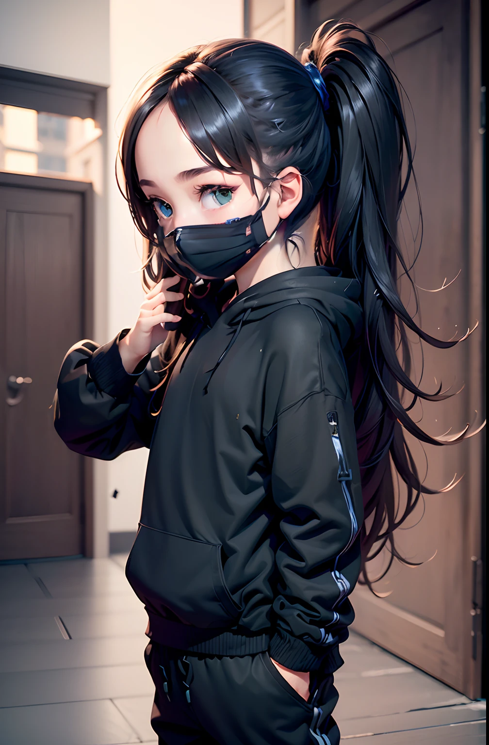 ((masterpiece)), ((best quality)), ((extremely detailed CG unity 8k wallpaper)) simple black clothes with only 1 color, black hoodie, black sweatpants, a boy with dark blue mask from ear to ear, beautiful green eyes