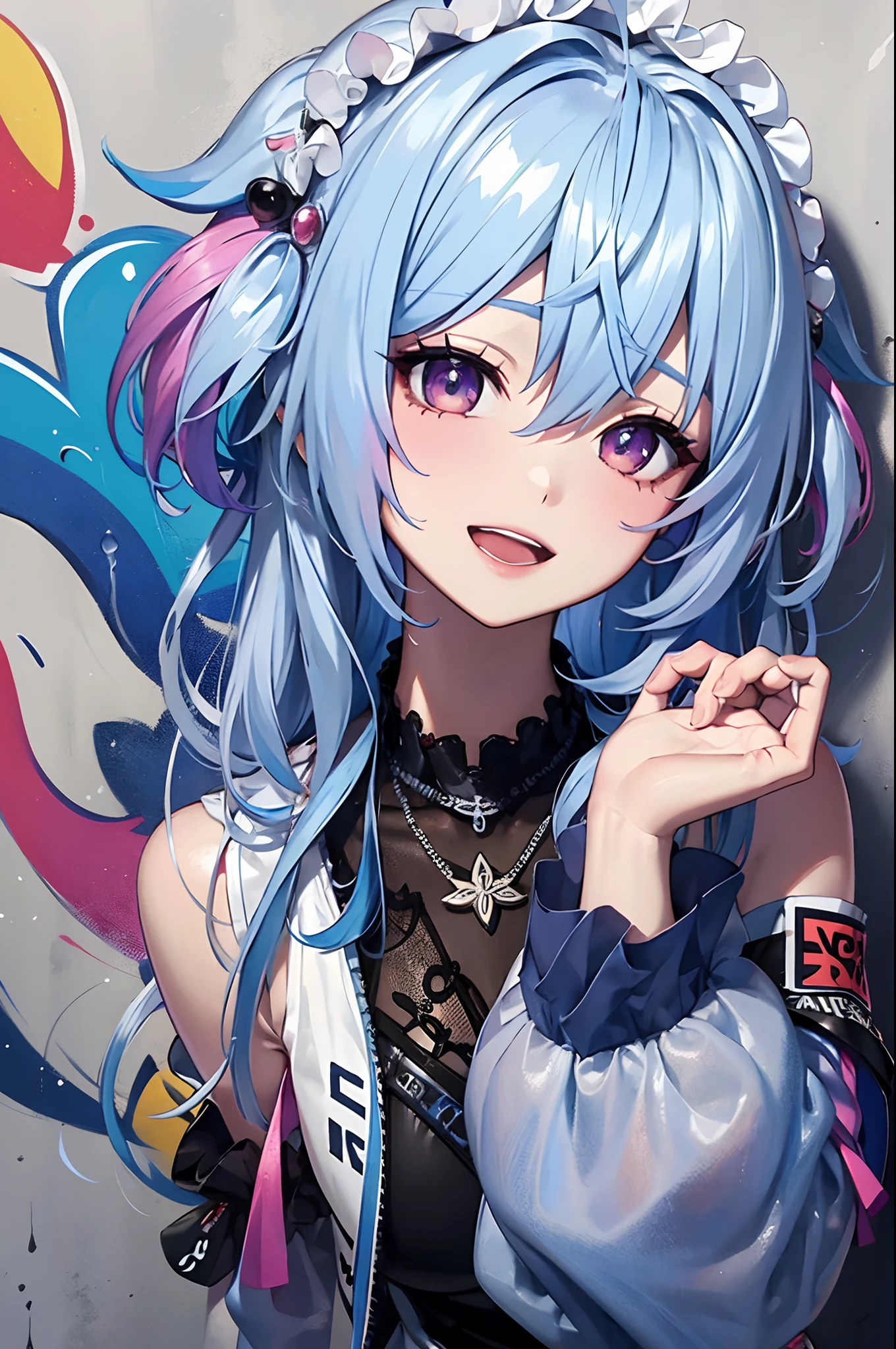 masterpiece, high quality, highres, absurdres, ultra-detailed, 8k, 1girl, platinum grey hair, blue hair, multicolored hair, gradient hair, looking at viewer, colorful eyes, colorful hoodie, (graffiti murals wall background:1.15), brilliant colorful paintings, bloom, portrait, open mouth, waist bag, against wall, bangs, shadow, reflection, Graffiti face, colourful eyes, open mouth, yandere expression, smile, look at viewer