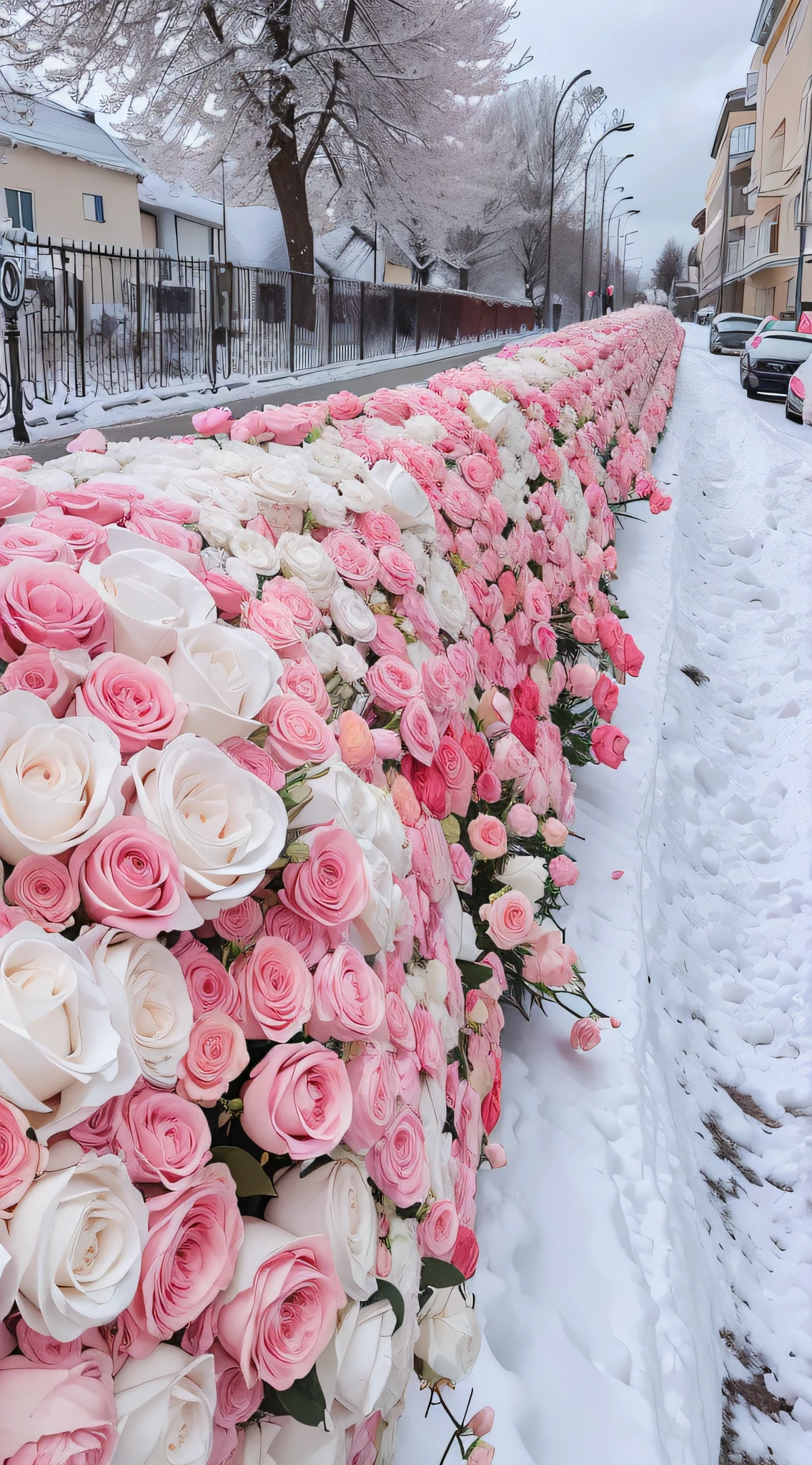 There are many pink and white flowers on the side of the road, with frozen flowers around her, an aesthetic field of flowers, beautiful aesthetic, Beautiful large flowers, 8K)), Beautiful and aesthetic, there's flowers everywhere, rosses, flower, more and more flowers, Flowers!!!!, Flowers everywhere, seasons!! : 🌸 ☀ 🍂 ❄, Lots of flowers