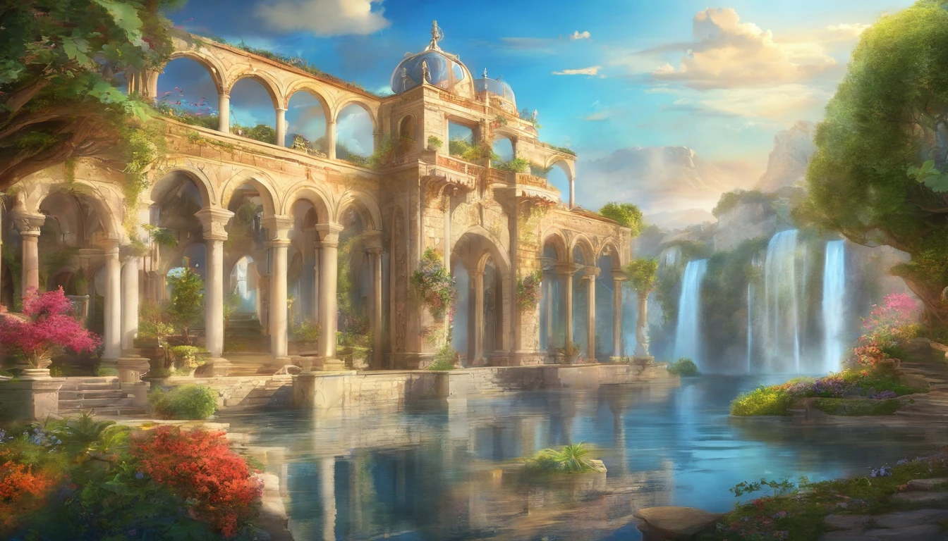 well edited photography,(beautiful image:1.5),a picture of the Plaza at front gate in a beautifully waterfront town it has many Aqueducts and waterways and plants,(spring:1.3), (fountain:1,3),(waterfall:1.5) ,((mediterranean style:1.4),(white_building:1.3),(blue_roof:1.3)), Middle Ages, (Fantasy_art:1.7), magnificent view,good lighting,clear_ocean,blue_sky,white_cloud,sun_light,High quality,Best quality,8K wallpaper,high resolution,(Sharp focus:1.3),(Bright lighting:1.5)