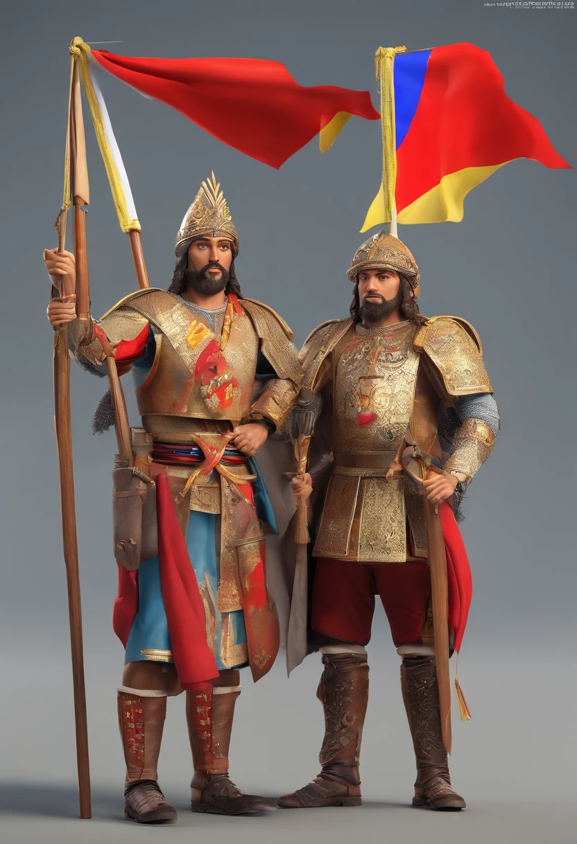 Spanish Christians, They carry Spanish flags and Christian symbols. The conquistadors come face-to-face with a group of indigenous people, cerca del mar. Hay un barco de fondo. Hispanic Heritage Day. Indigenous Resistance Day.