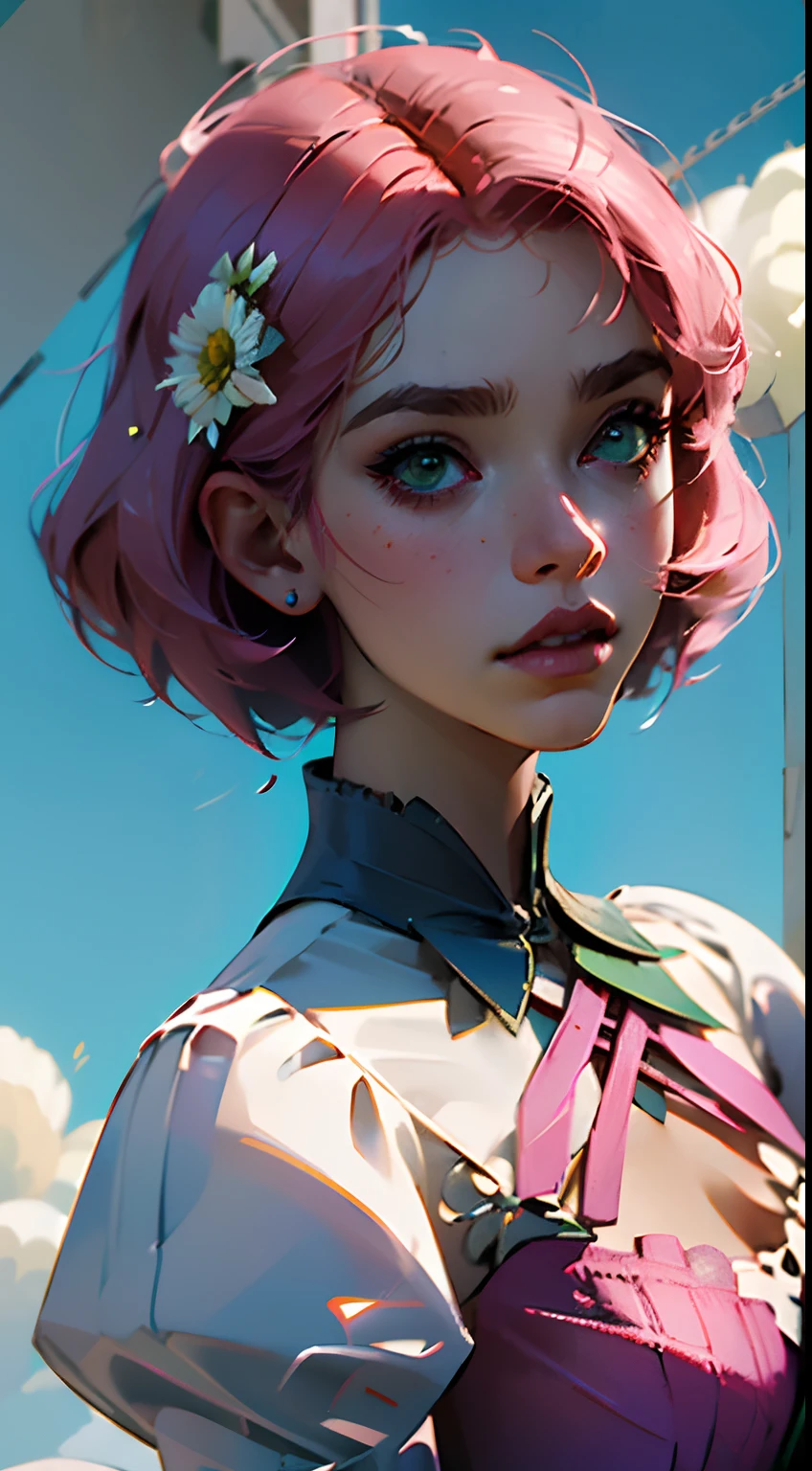 (master part, melhor qualidade) Alisa waifu Rosto bonito, Olhos verdes detalhados , roupas elegantes e detalhadas , puffy lips ,Short Pink Hair Flower Accessories, (melhores detalhes) ( melhor qualidade) espetacular, dramatic scenery, Tekken