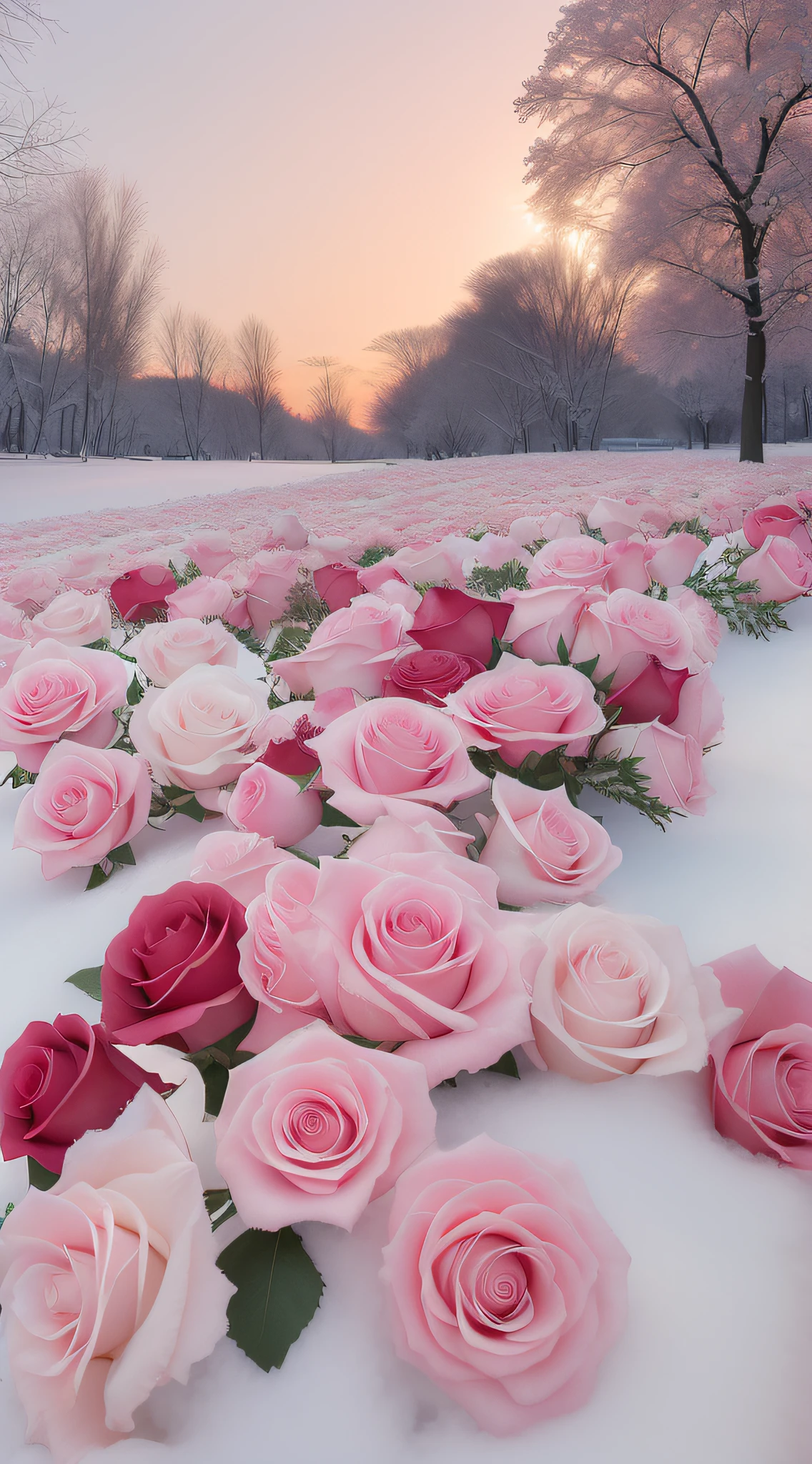 Pink and red roses in the snow of the park, with frozen flowers around her, rosette, rosses, seasons!! : 🌸 ☀ 🍂 ❄, Beautiful and aesthetic, Cold but beautiful, roses in cinematic light, pink and red colors, an aesthetic field of flowers, Rose garden, Flowers!!!!, Beautiful flowers, beautiful aesthetic, there's flowers everywhere, Unbelievably beautiful