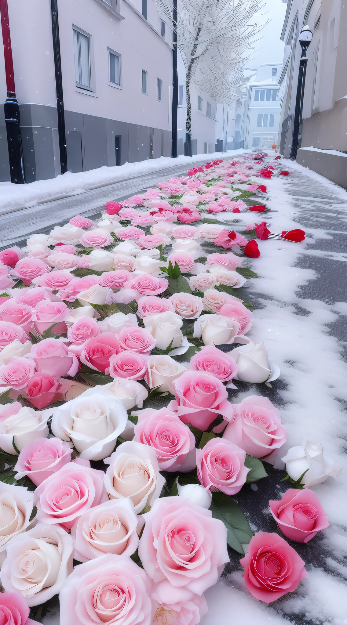 Flowers in the snow lay out on the street, with frozen flowers around her, rosses, rosette, 8K)), a few roses, seasons!! : 🌸 ☀ 🍂 ❄, Flowers!!!!, beutifull, laying on roses, Beautiful flowers, beautiful aesthetic, Cold but beautiful, Beautiful and aesthetic, cold as ice! 🧊