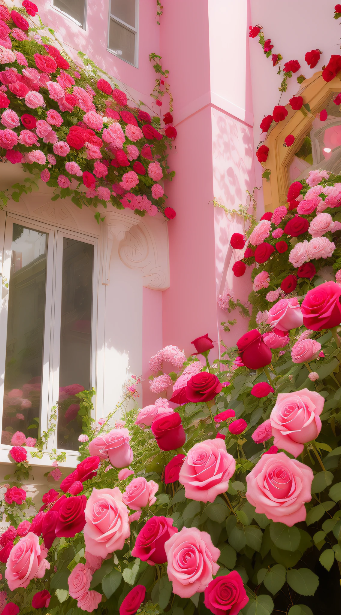 Many pink and red roses grow on one side of the building, portal made of roses, shades of pink, pink and red colors, Pink flowers, pink and red color scheme, rosses, pink hues, pink and red color style, Beautiful and aesthetic, with soft pink colors, Blooming flowers, Magical flowers, rosette, magical colorful flowers