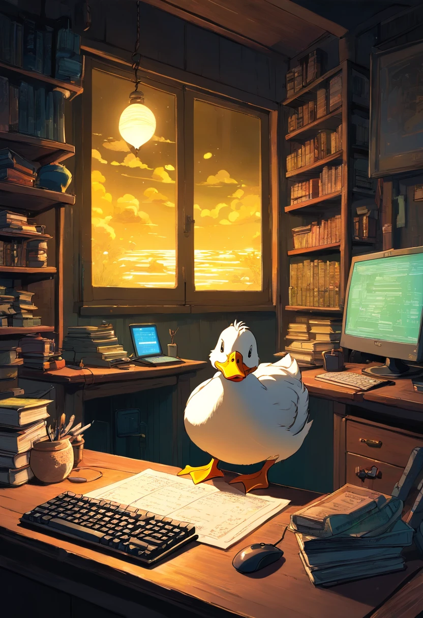 A duck using a computer in a very dark room、Keyboard and mouse to write novels