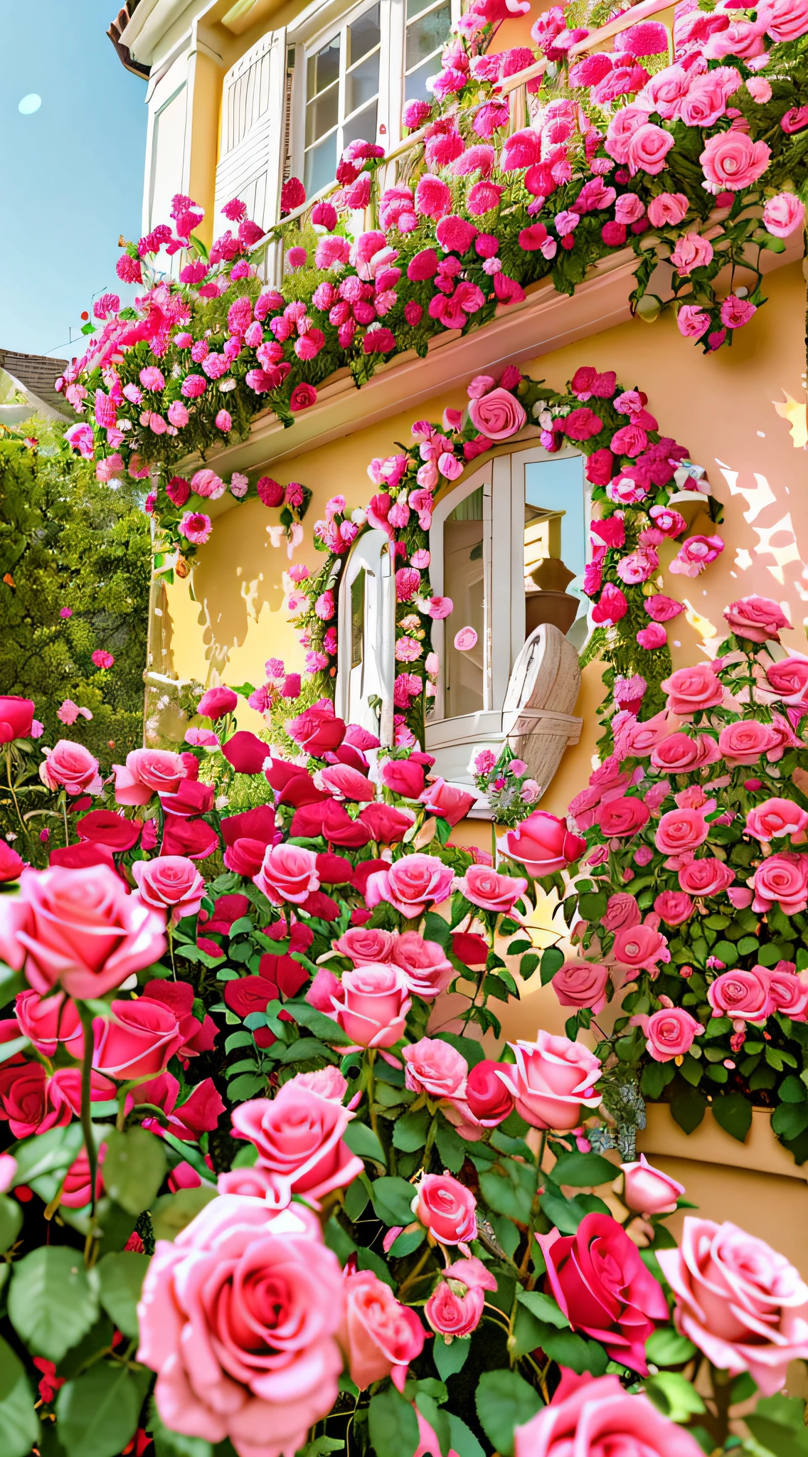 Many pink roses grow on the sides of the house, portal made of roses, rosses, rosette, Lush outdoor flowers, author:Marie Bashkirtsev, Pink flowers, author:Alexander Fedosav, Rose garden, Flowers everywhere, roses in cinematic light, in a cottagecore flower garden, 🎀 🧟 🍓 🧚, Lots of flowers
