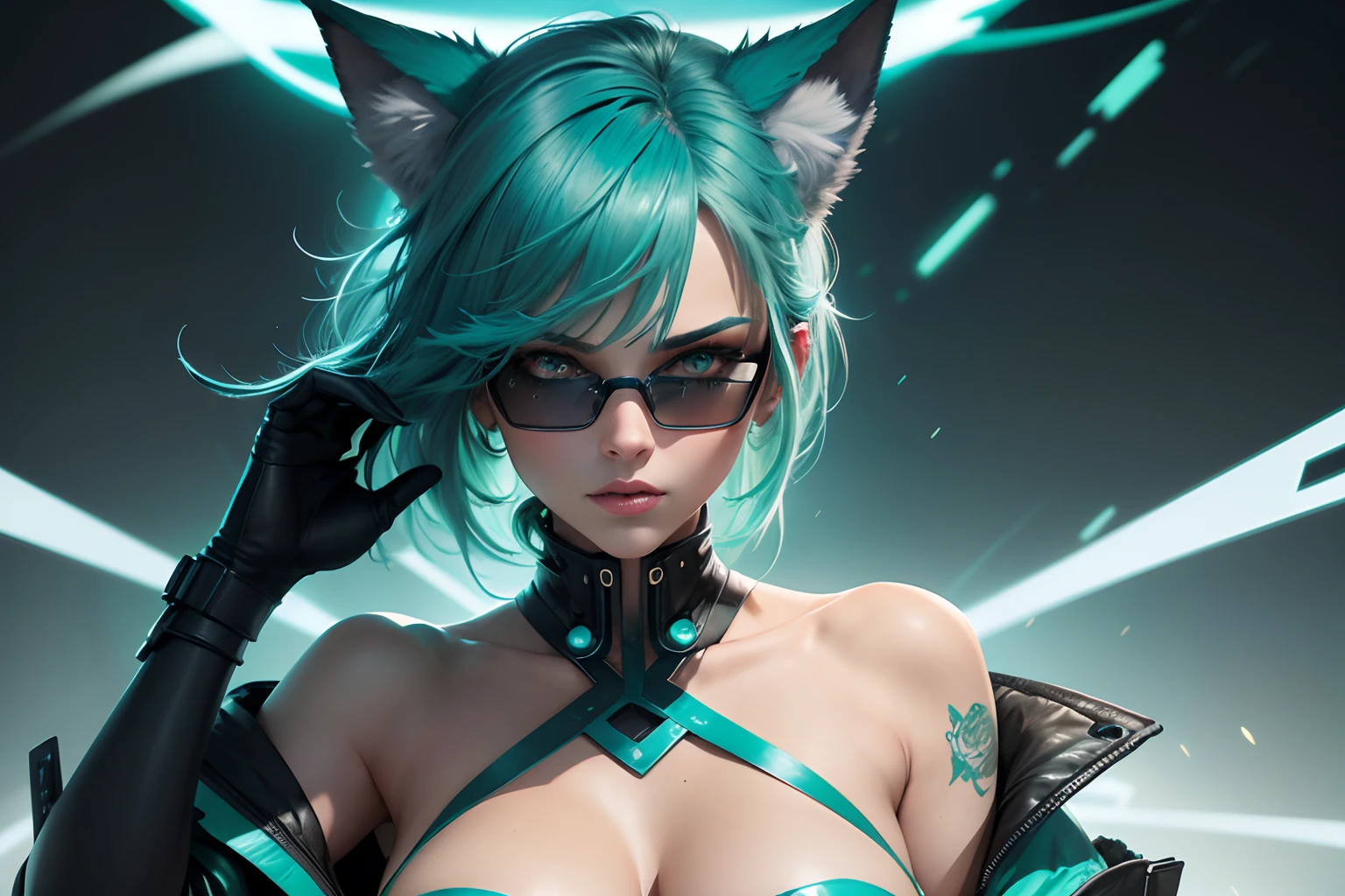 Create a high-resolution illustration of a captivating female character with teal-green hair, matching teal-green fox ears, and intense teal-green eyes, and a second female character with blue hair, matching blue fox ears, and intense blue eyes. She exudes a blend of elegance and mystique, nude and sexy, with a cyberpunk vibe. Add a dynamic touch with a teal-green electric aura surrounding her, as if she's charging up. Have her wearing dark black sunglasses. Aim for an exceptional level of detail in this masterpiece.