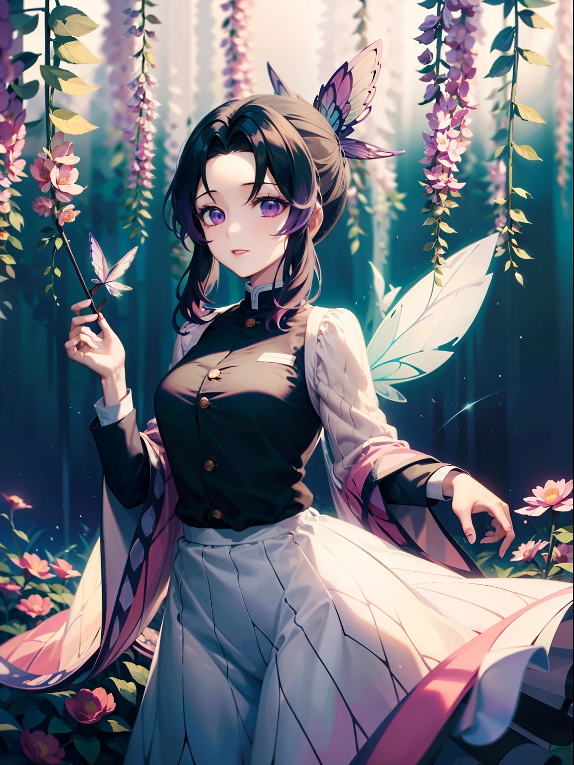 long dark purple hair, purple delaled sparkling eyes, Flower fairy, Transparent colorful wings, Magic wand,The background is forest,fresh flowers,green trees,Outstanding quality,illustration,8k,High definition,